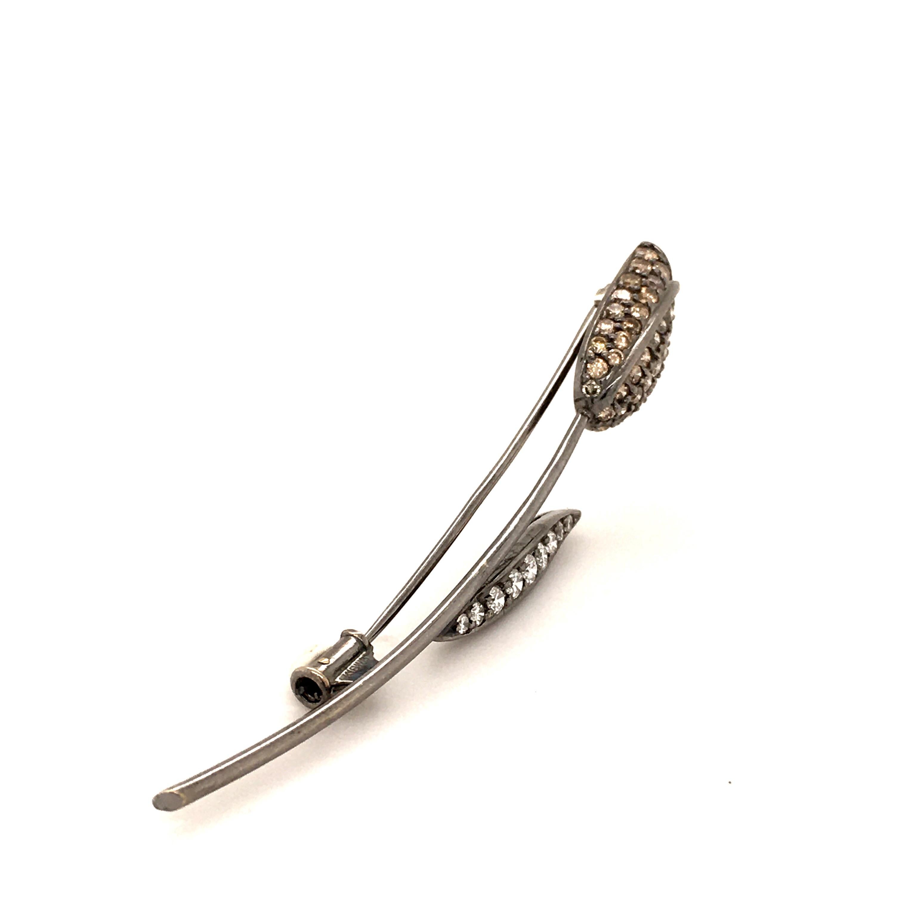 Modern Blackened White Gold Brown and White Diamond Tulip Brooch For Sale