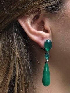 Blackened White Gold Drop Earrings with Jade, Agate, and Cabochon Emeralds