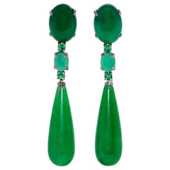 Blackened White Gold Drop Earrings with Jade, Agate, and Cabochon Emeralds
