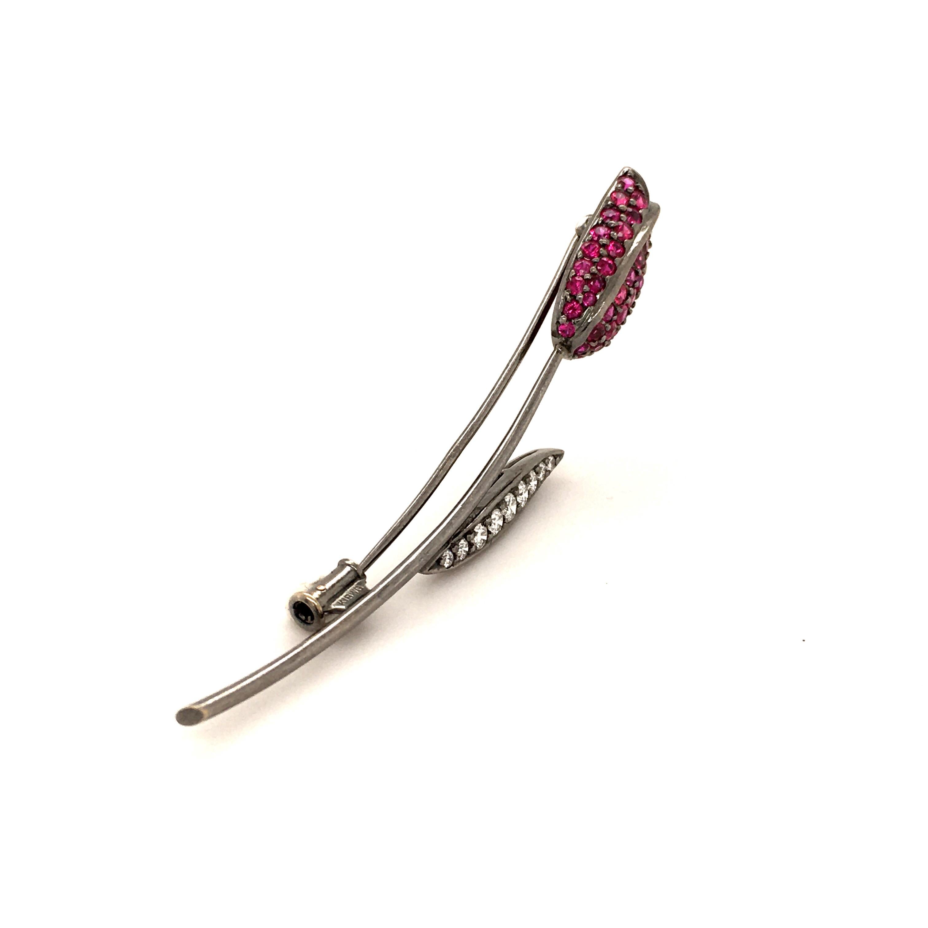 Brilliant Cut Blackened White Gold Ruby and Diamond Tulip Brooch For Sale