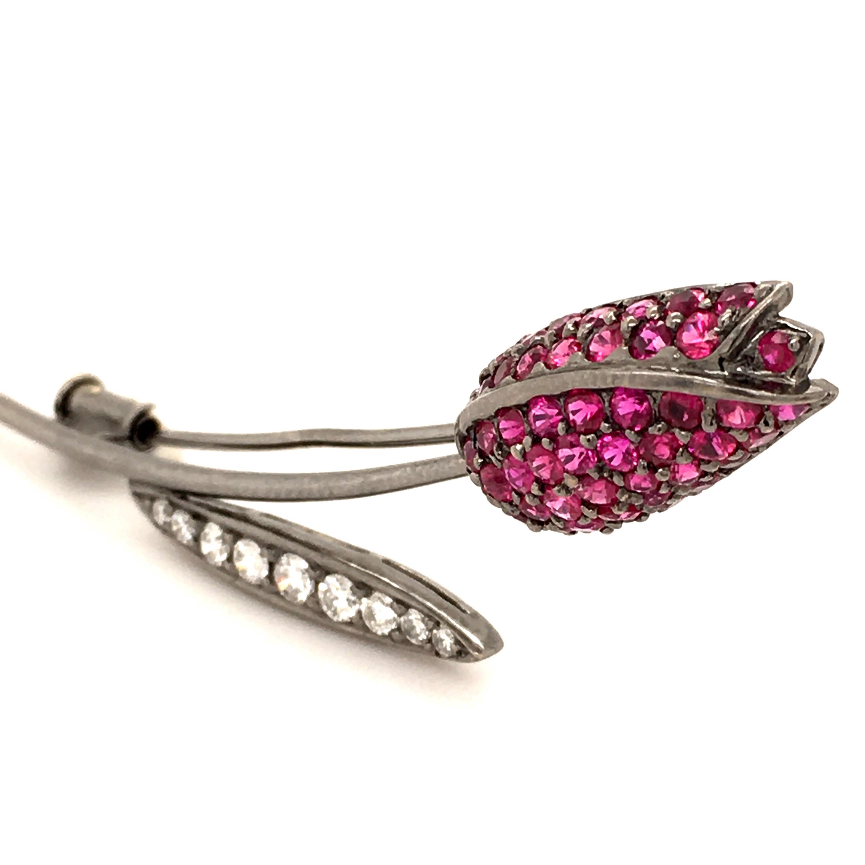 Women's or Men's Blackened White Gold Ruby and Diamond Tulip Brooch For Sale