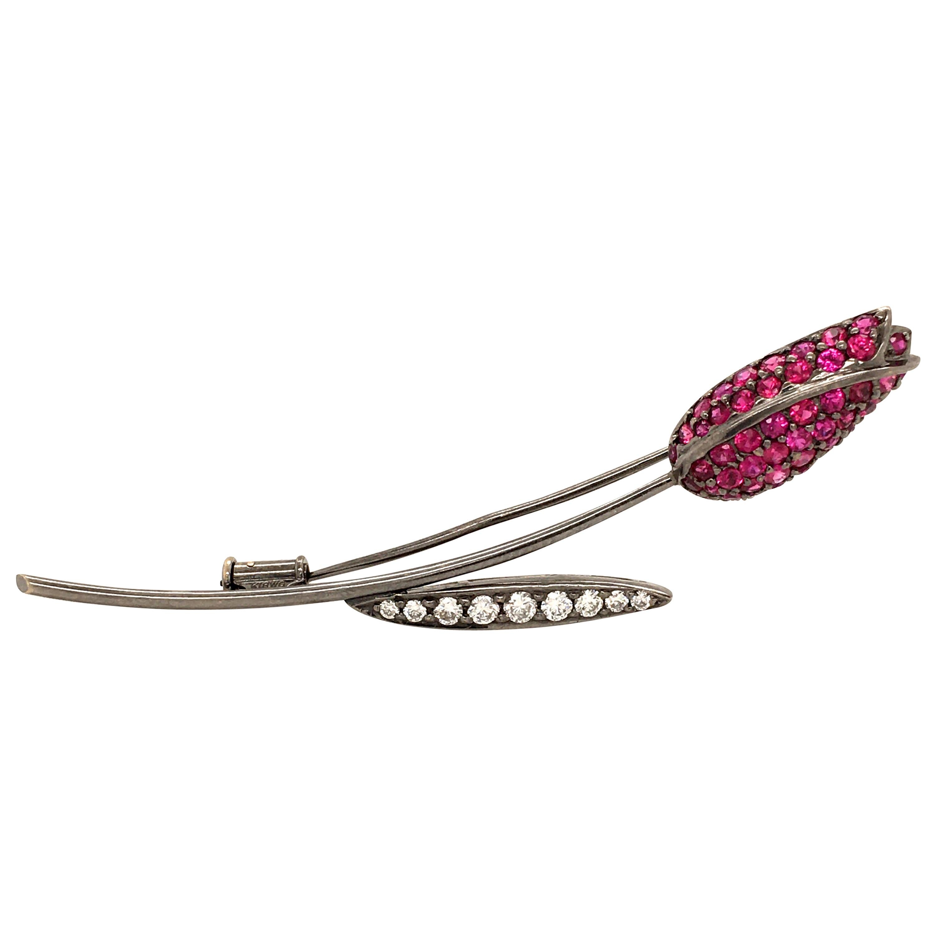 Blackened White Gold Ruby and Diamond Tulip Brooch For Sale