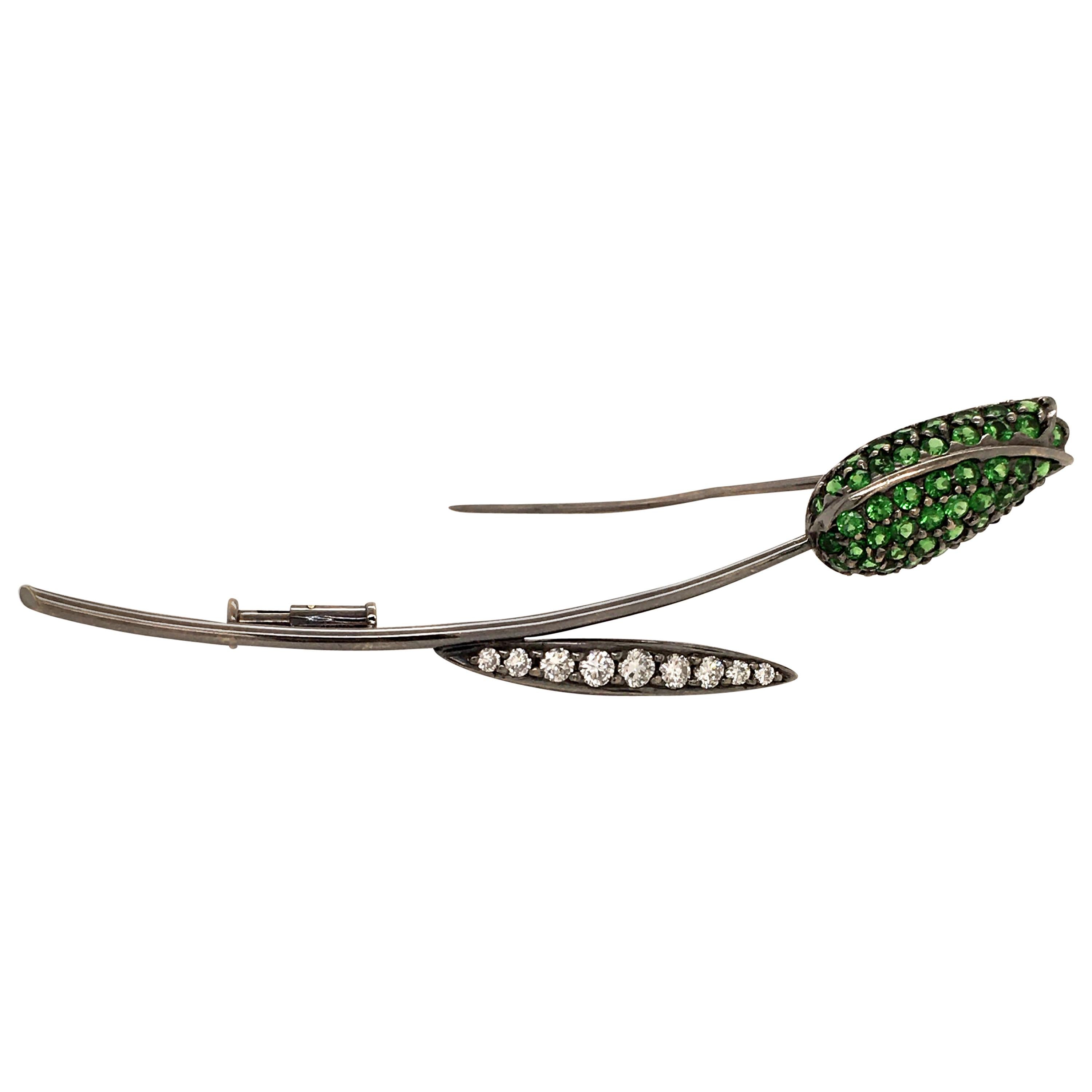 Blackened White Gold Tsavorite and Diamond Tulip Brooch For Sale