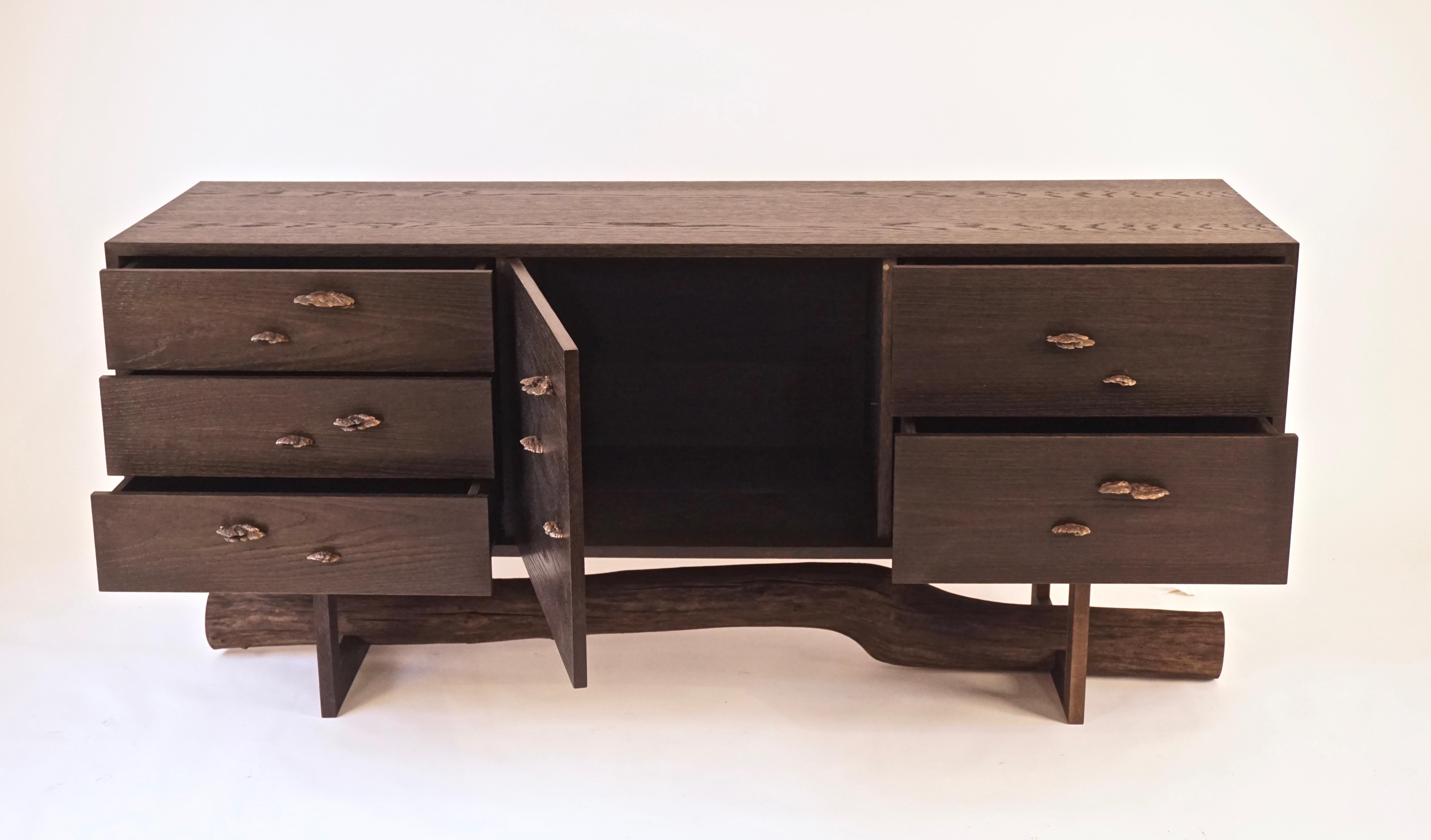 Blackened White Oak Elm Branch Cabinet with Bronze Mushroom Pulls In New Condition In Bangall, NY