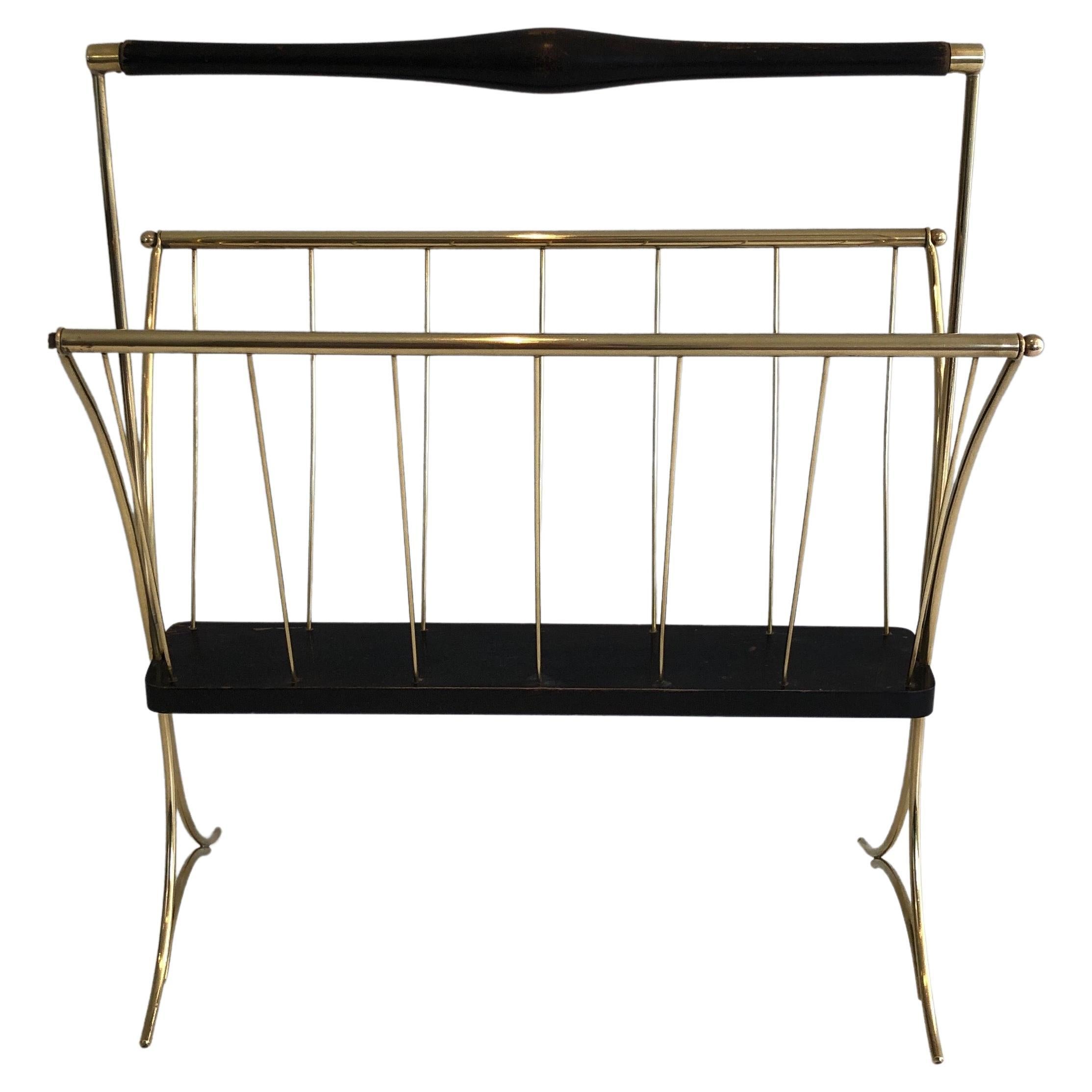 Blackened Wood and Brass Magazine Rack, Italian Work, Circa 1950 For Sale