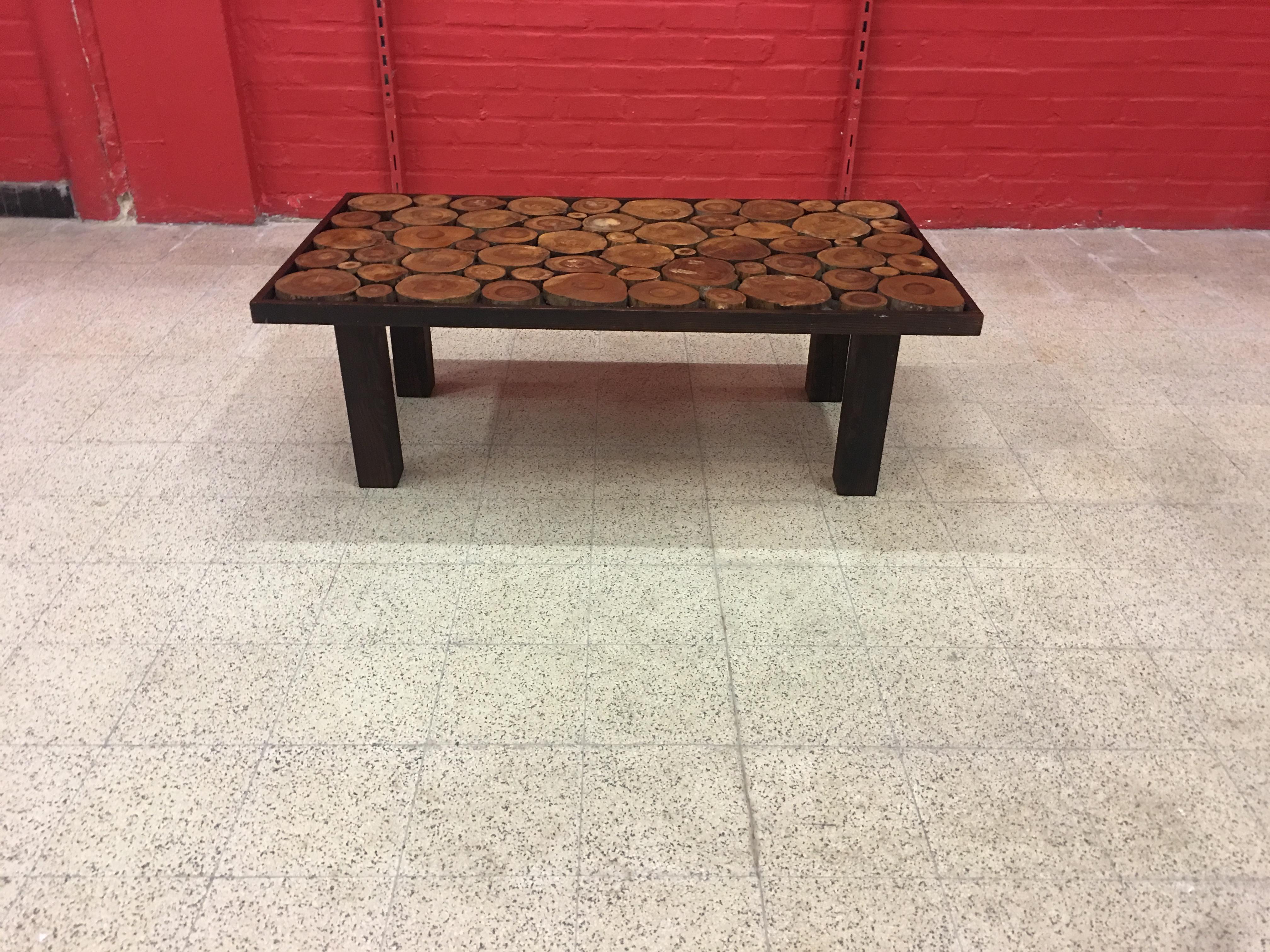 Mid-Century Modern Blackened Wooden Coffee Table, Tray Made Up of Cut Branches, circa 1960-1970 For Sale