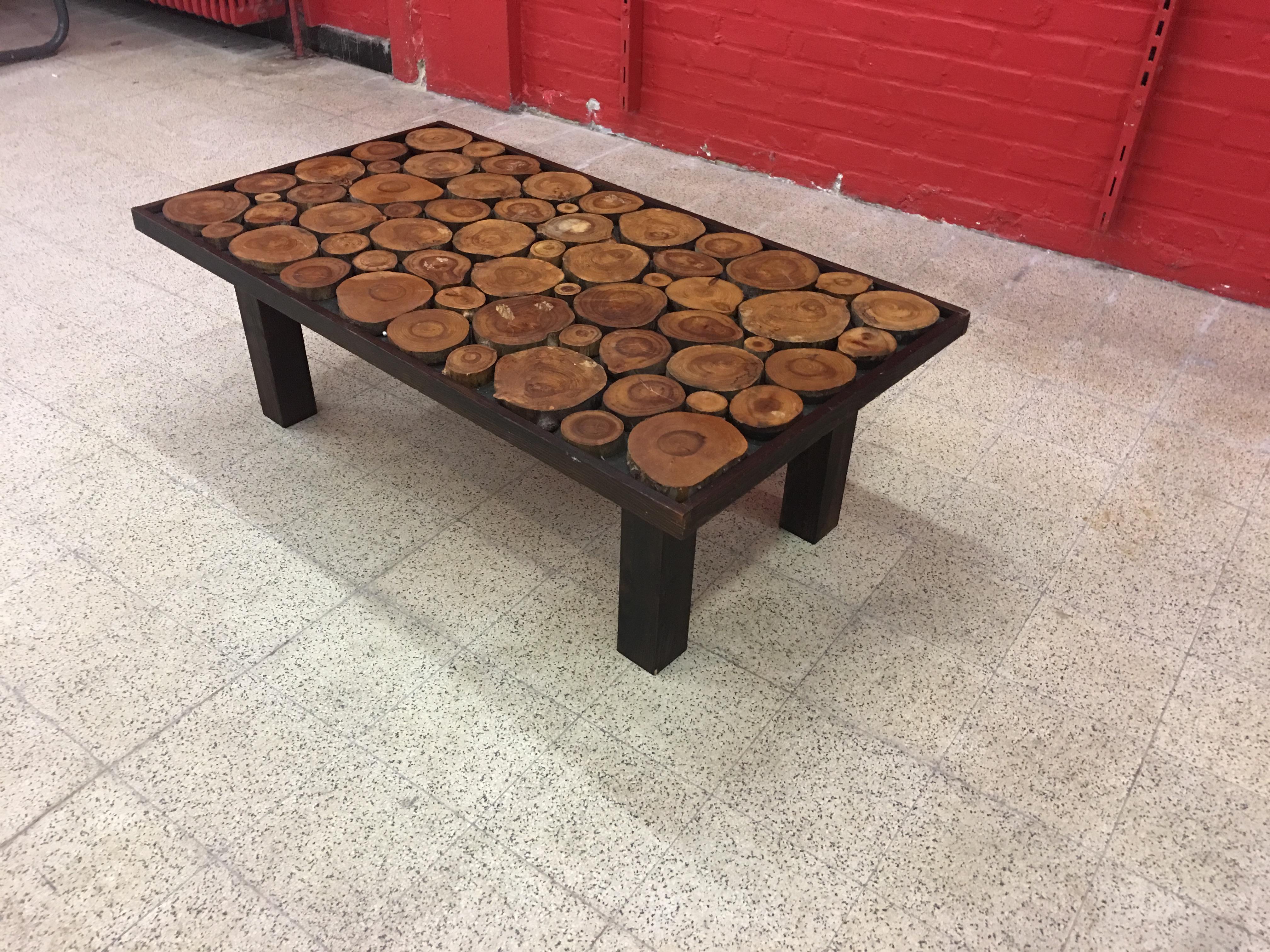 French Blackened Wooden Coffee Table, Tray Made Up of Cut Branches, circa 1960-1970 For Sale