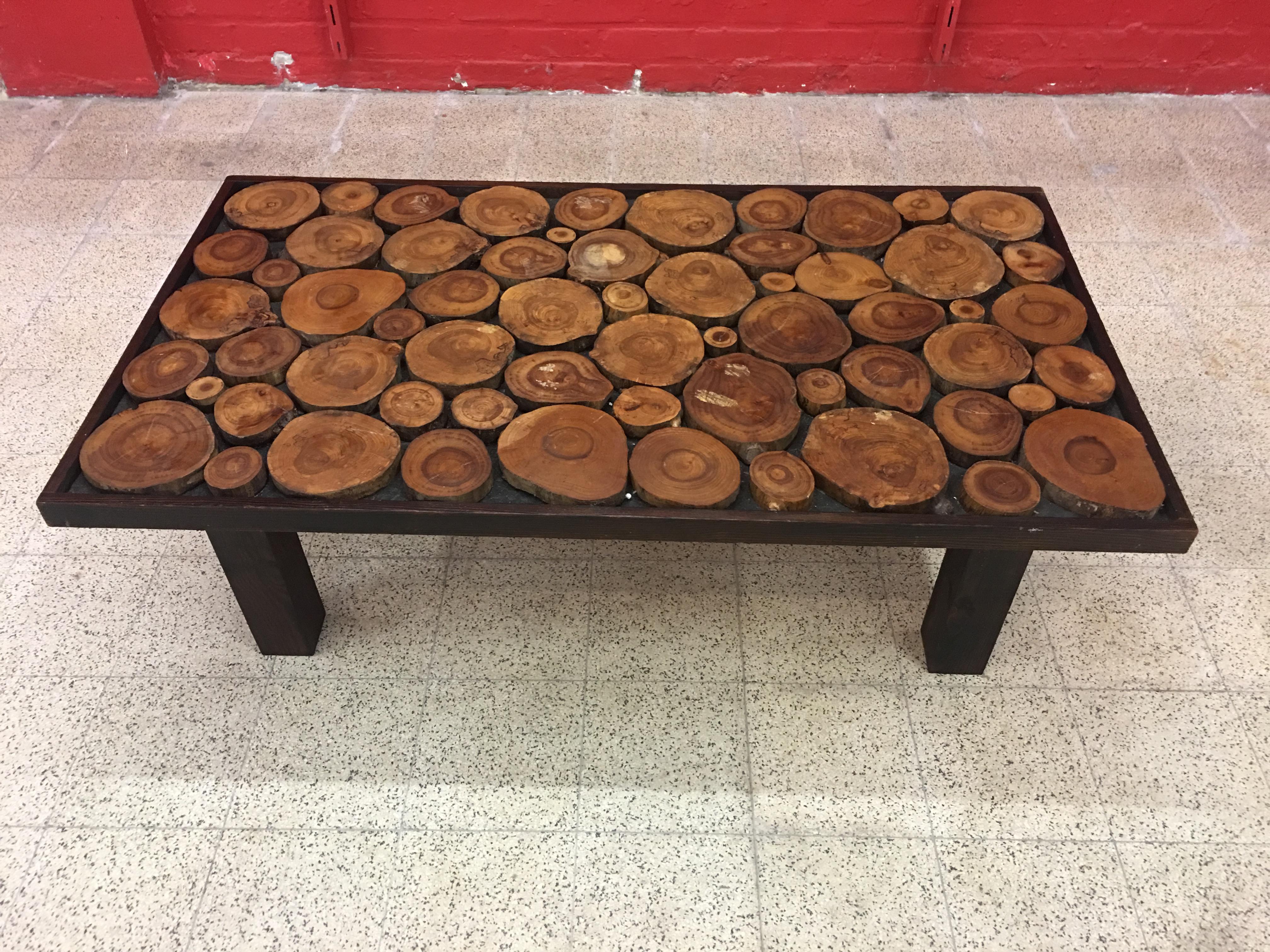 Blackened Wooden Coffee Table, Tray Made Up of Cut Branches, circa 1960-1970 In Good Condition For Sale In Saint-Ouen, FR
