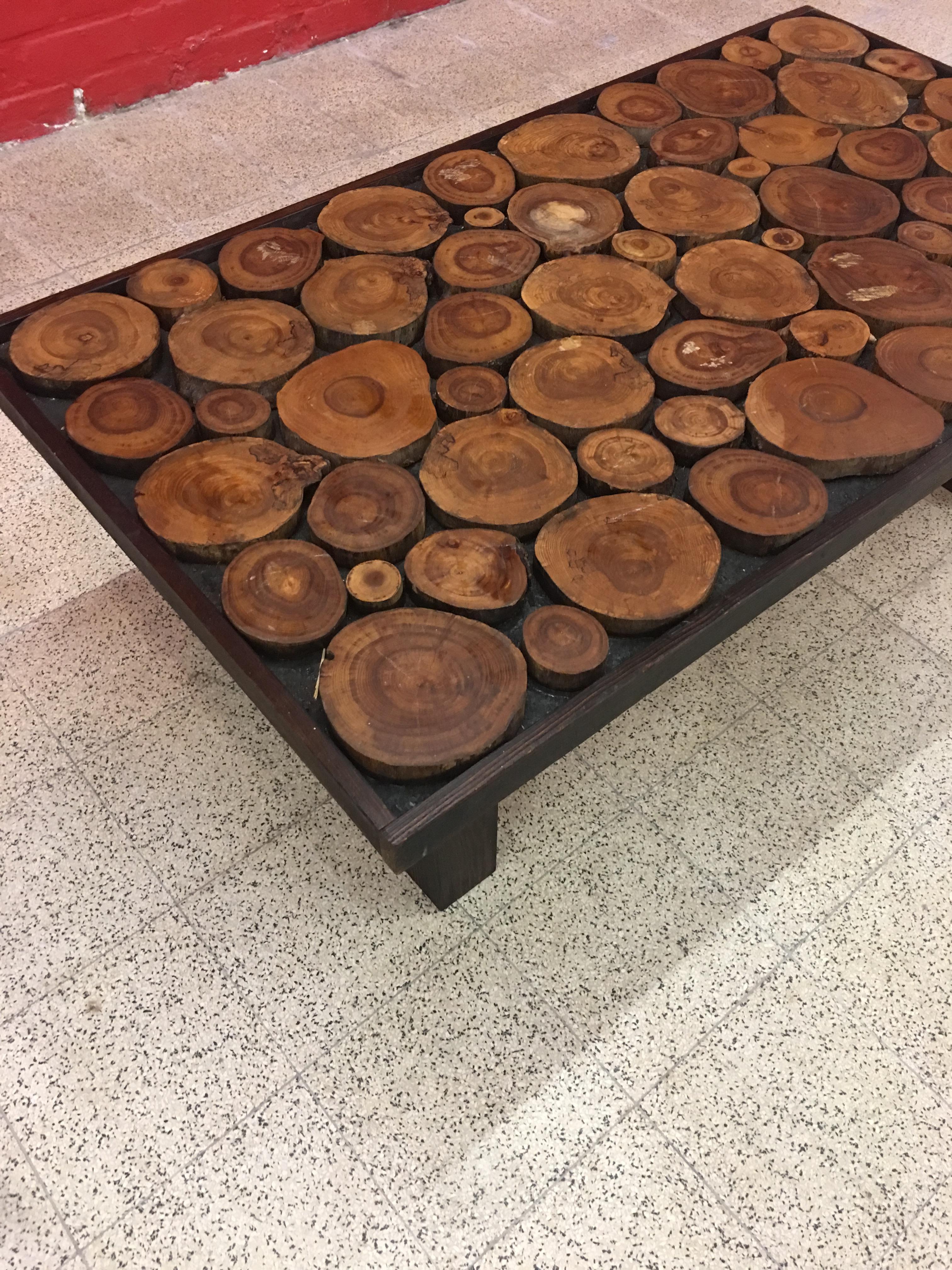 Blackened Wooden Coffee Table, Tray Made Up of Cut Branches, circa 1960-1970 For Sale 1