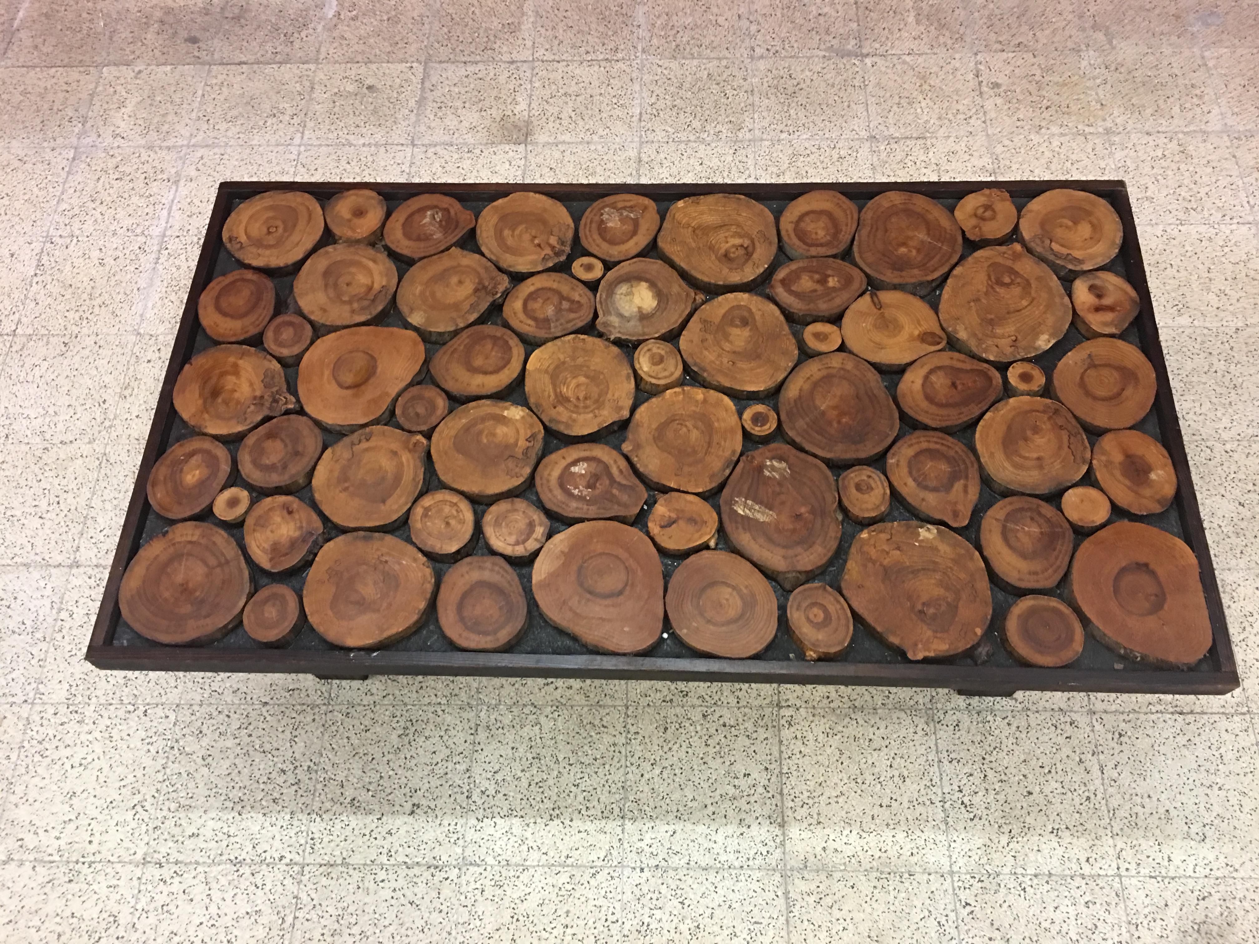 Blackened Wooden Coffee Table, Tray Made Up of Cut Branches, circa 1960-1970 For Sale 2