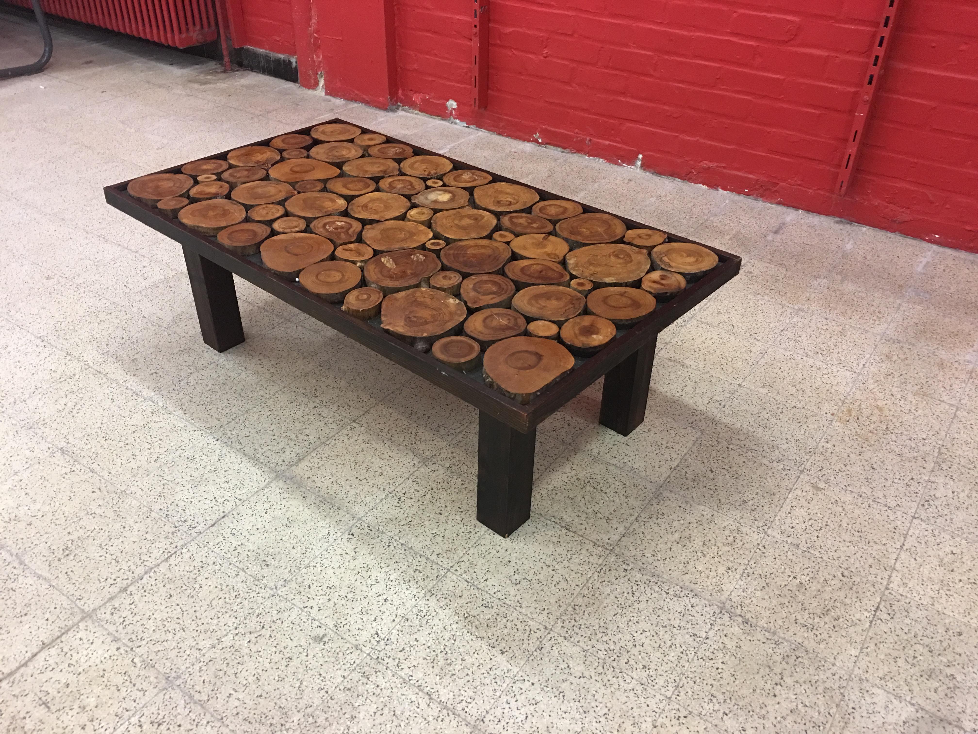 Blackened Wooden Coffee Table, Tray Made Up of Cut Branches, circa 1960-1970 For Sale 3