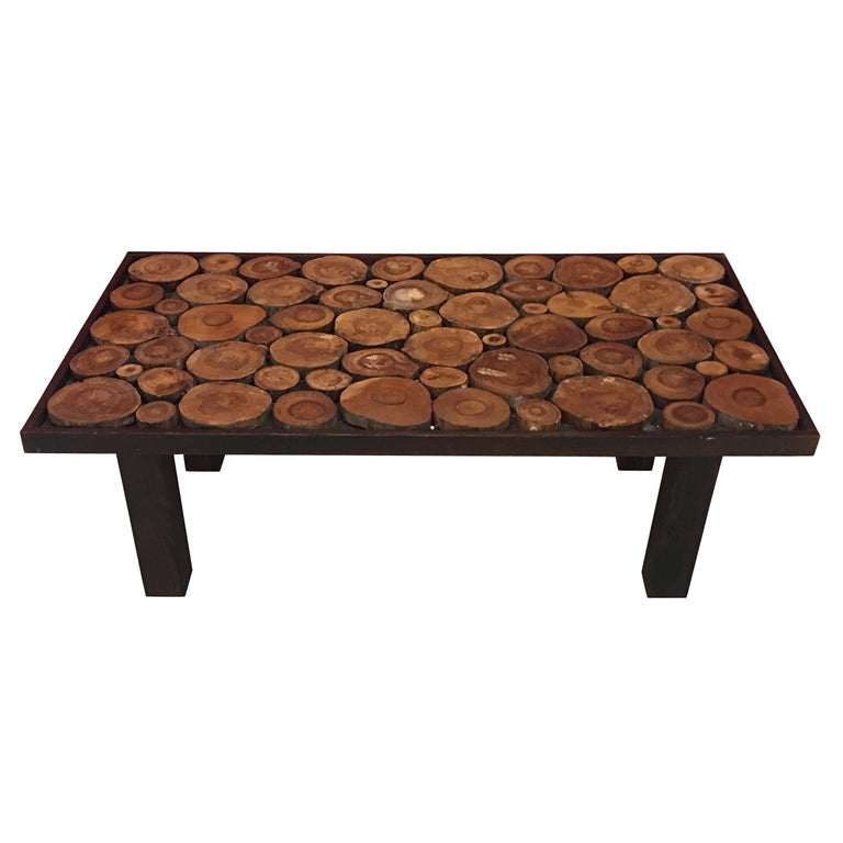 Blackened Wooden Coffee Table, Tray Made Up of Cut Branches, circa 1960