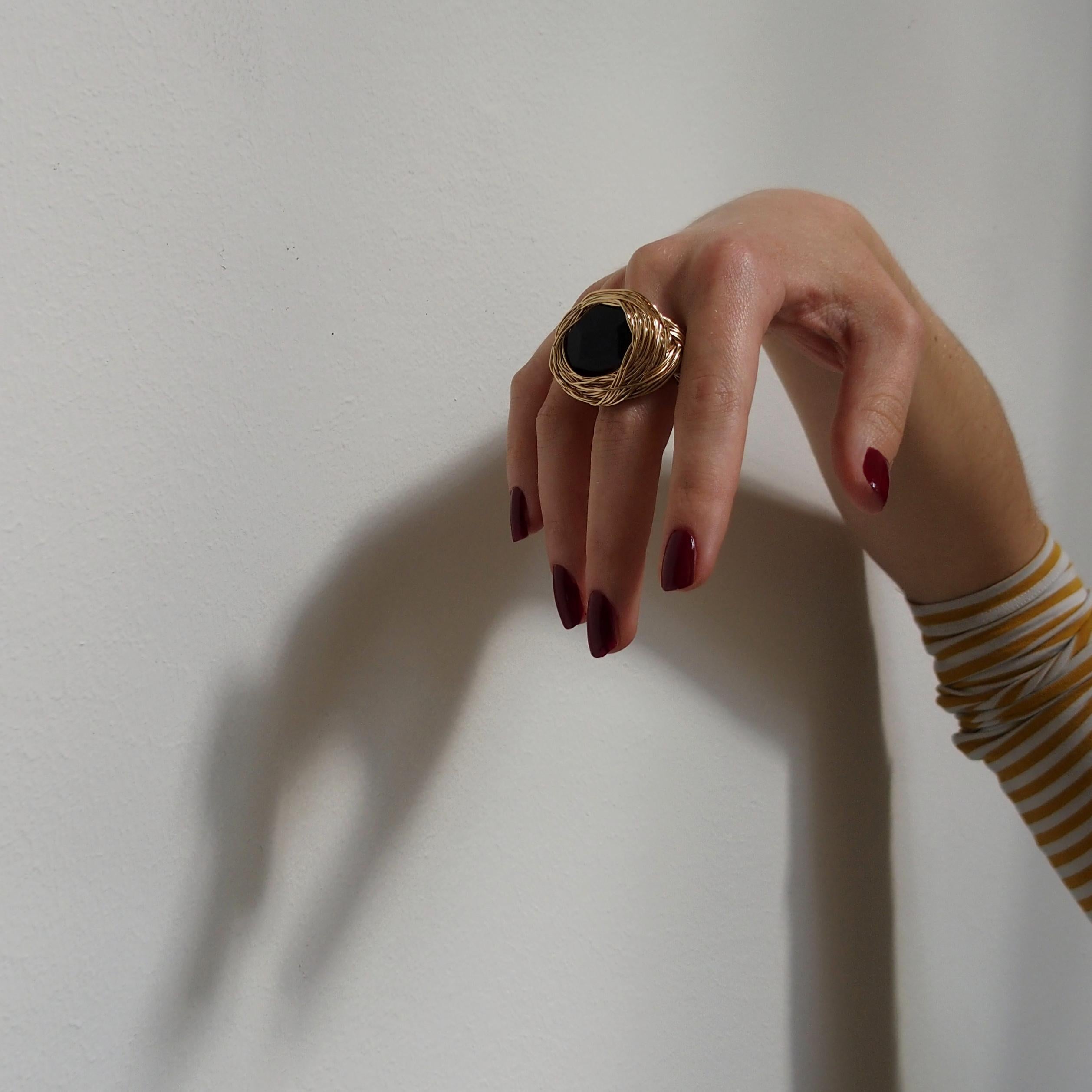 Contemporary Natural Black Agate 14 k Gold Filled Statement Cocktail Ring by the Artist