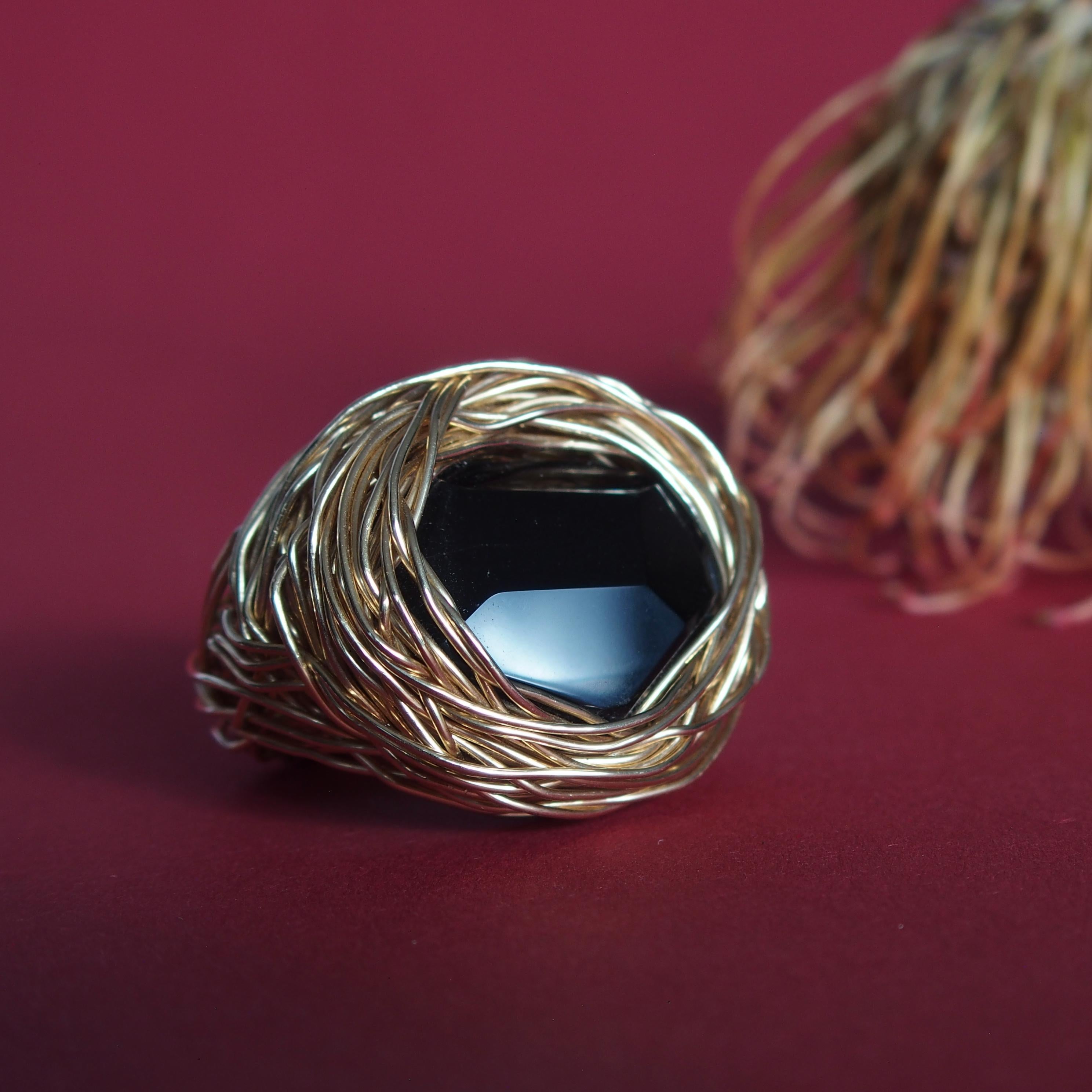 Natural Black Agate 14 k Gold Filled Statement Cocktail Ring by the Artist In New Condition In Engelberg, CH