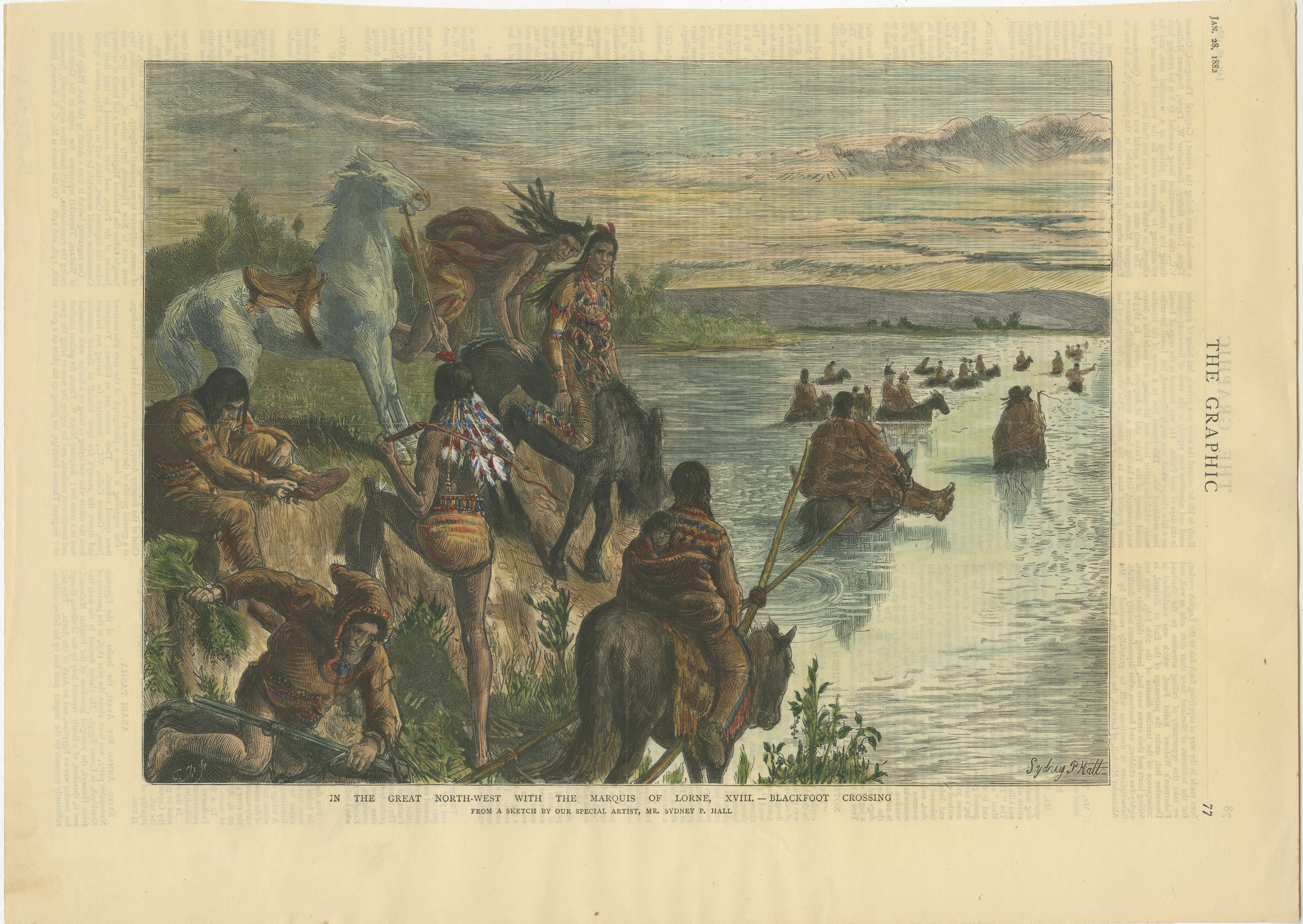 Title: *In the Great North-West with the Marquis of Lorne, XVIII – Blackfoot Crossing*   -  Published in The Graphic, January 28, 1882.

Description: This hand-colored wood engraving, published in The Graphic on January 28, 1882, is part of a series