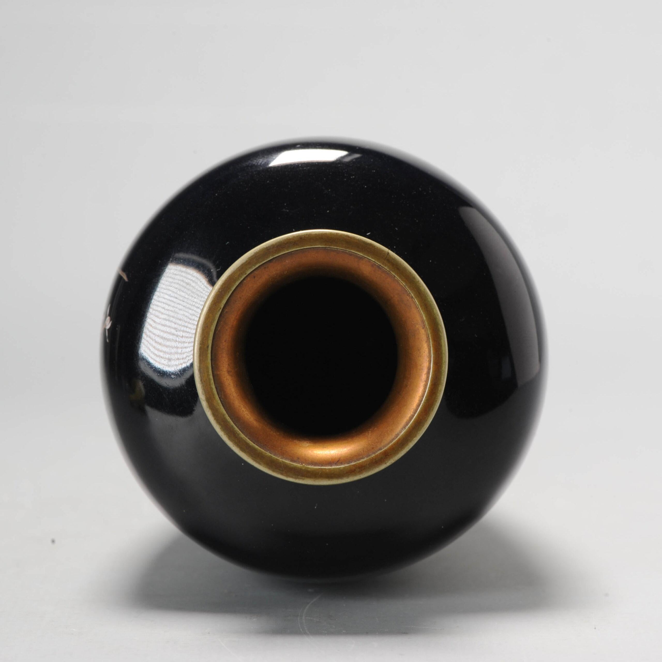 Vaso a fondo nero con fiori e uccelli smalto cloisonné Epoca Meiji, XIX sec. In condizioni buone in vendita a Amsterdam, Noord Holland