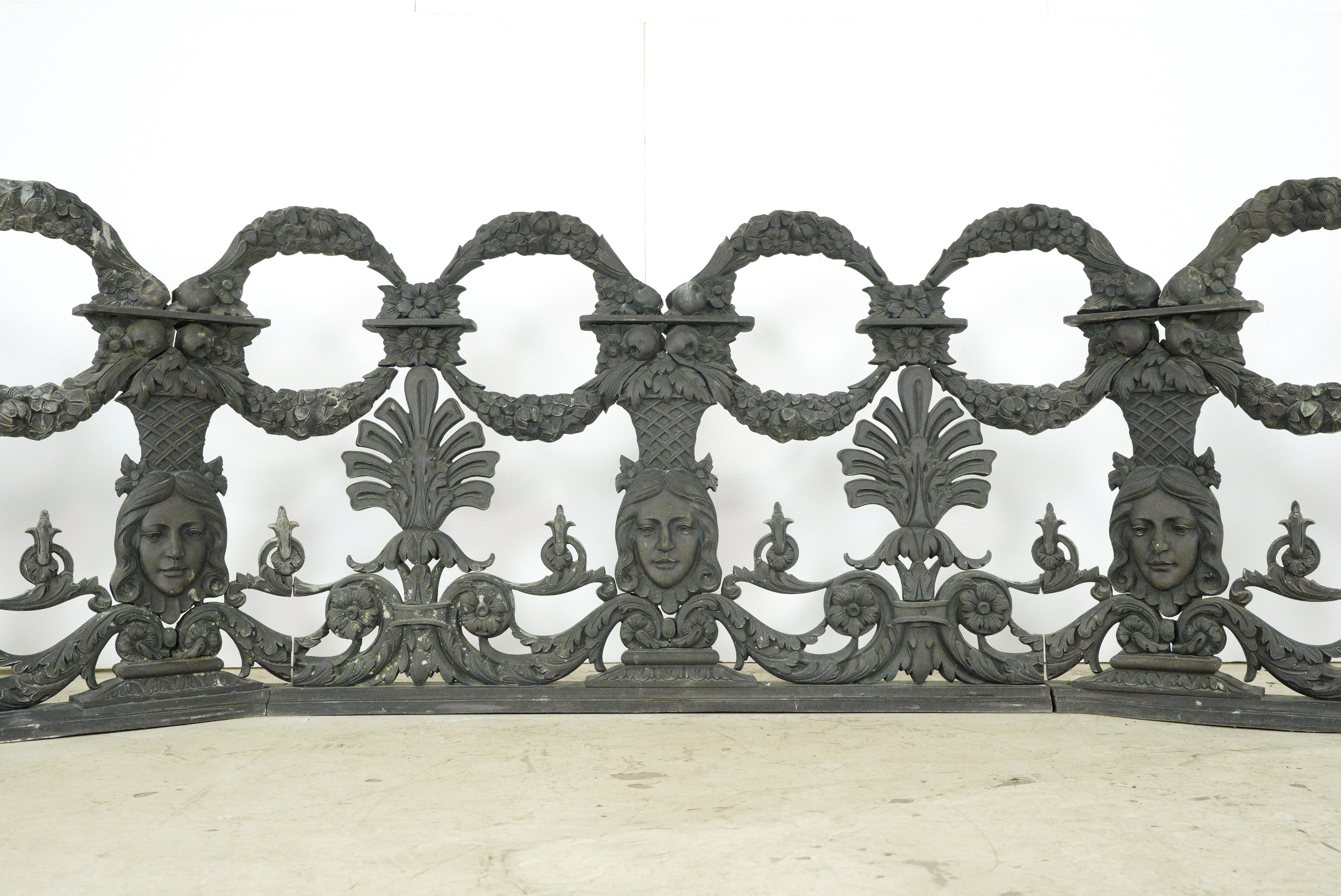 This incredibly decorative double sided solid cast bronze railing is one of many reclaimed architectural treasures that once decorated Blackies Restaurant in Washington DC. Obtained in 2006 when the restaurant closed, it was never before made