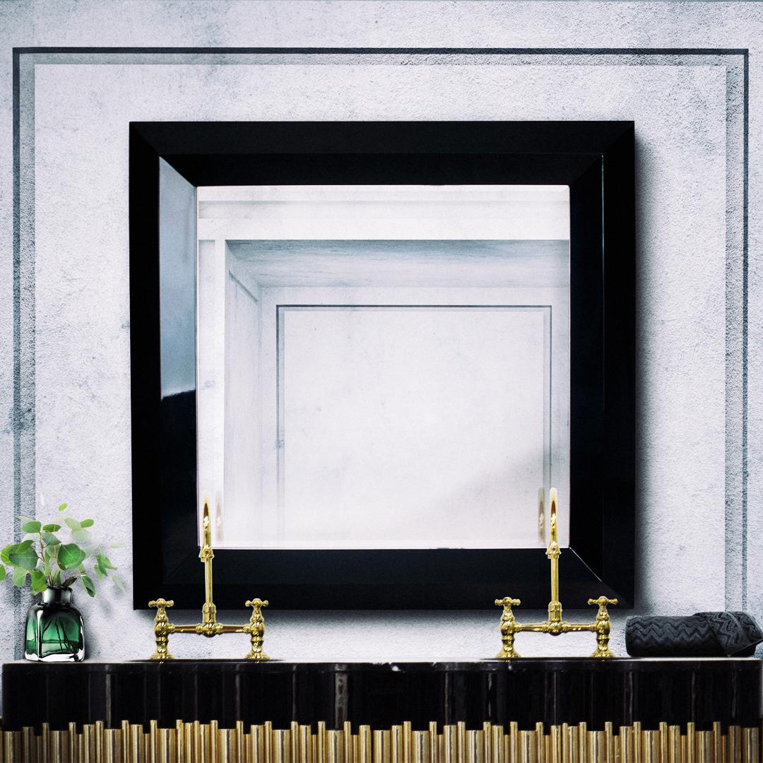 Contemporary Black Square Mirror in Solid Mahogany Wood