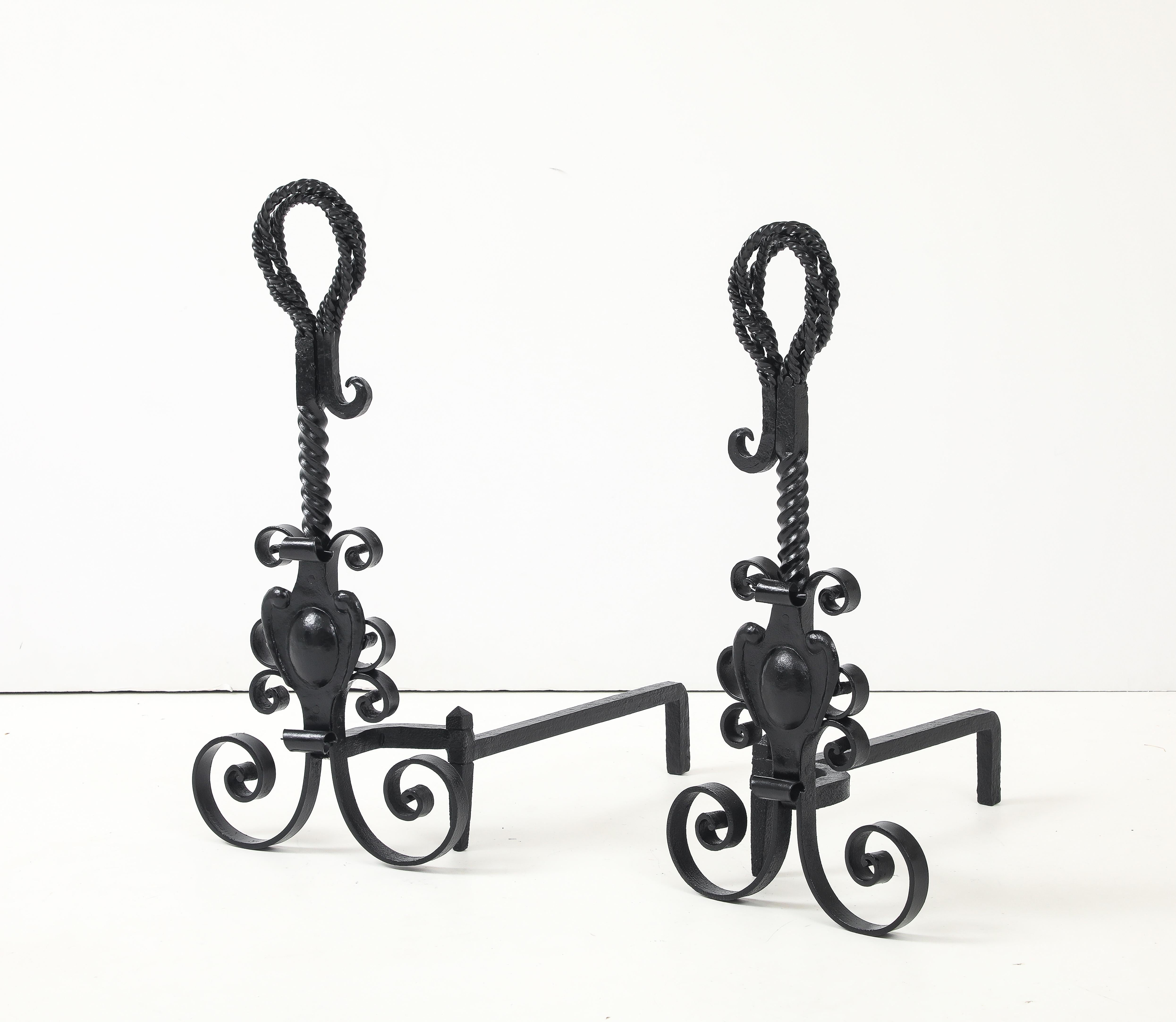 Arts and Crafts Blacksmith Hand Made Andirons, France For Sale