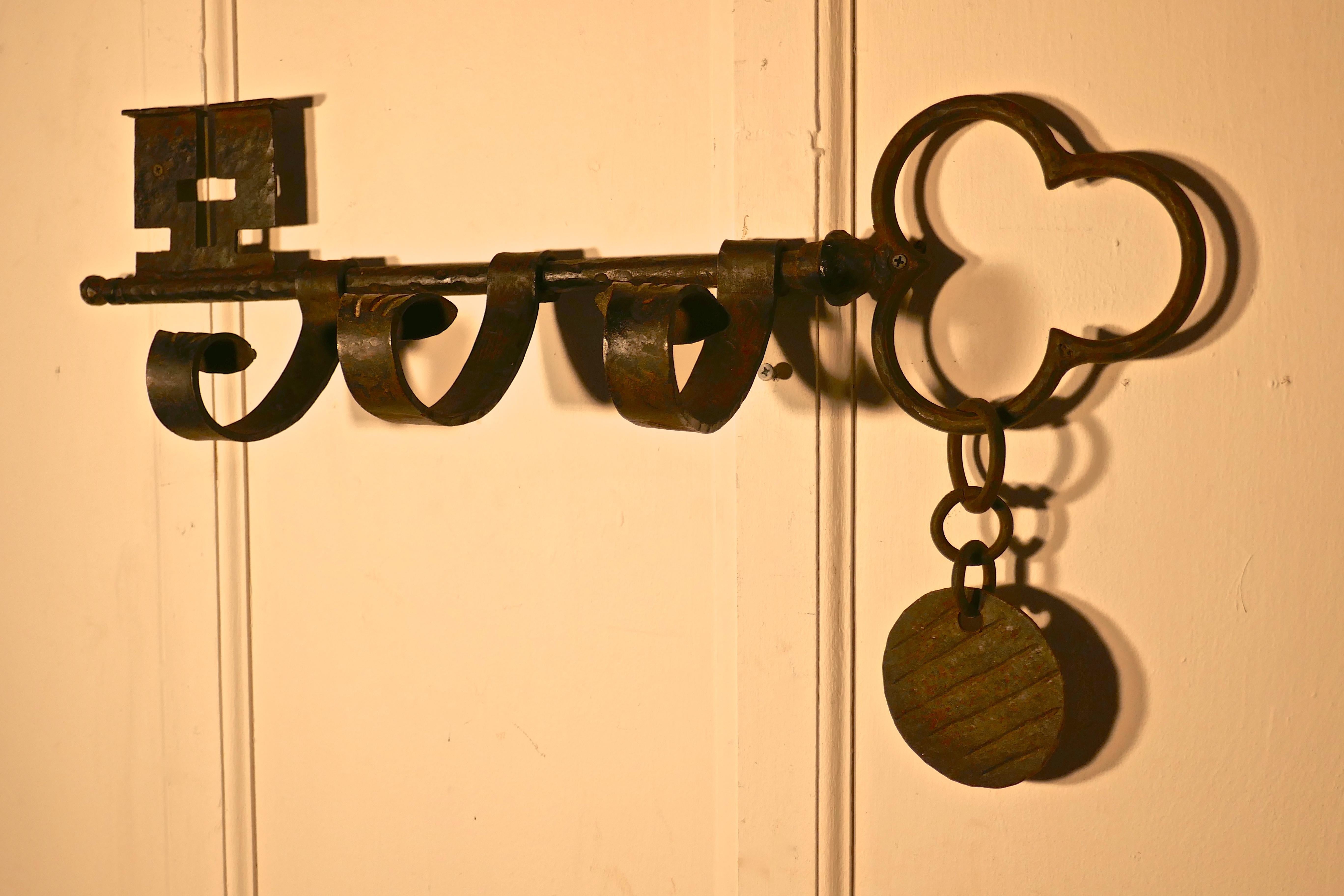 Folk Art Blacksmith Made French Hat and Coat Rack, in the form of a Giant Key For Sale