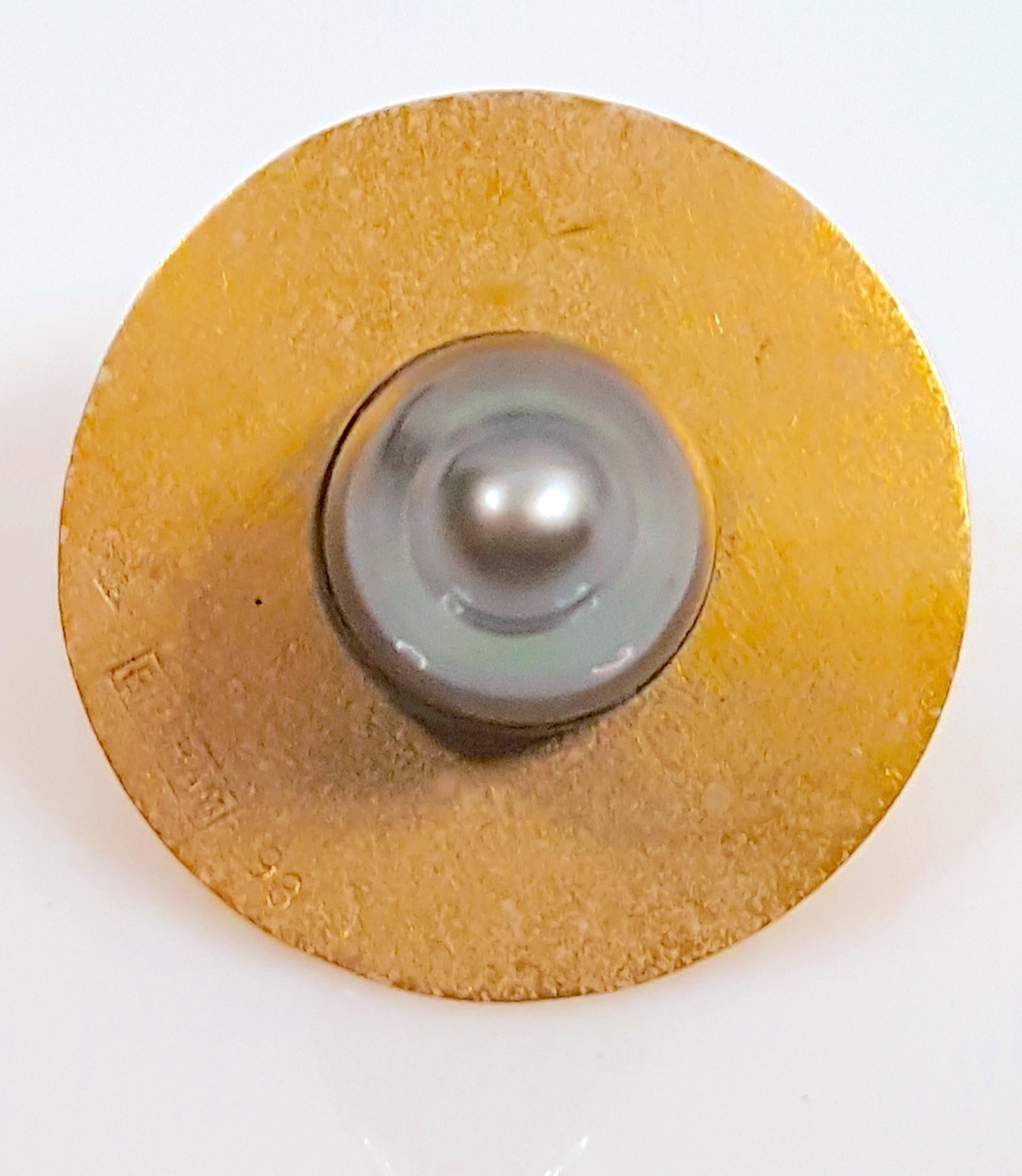 Uncut Black Tahitian Pearl Dutch DroogDesign 1998 Unique ThirdNipple GoldDisk Brooch For Sale