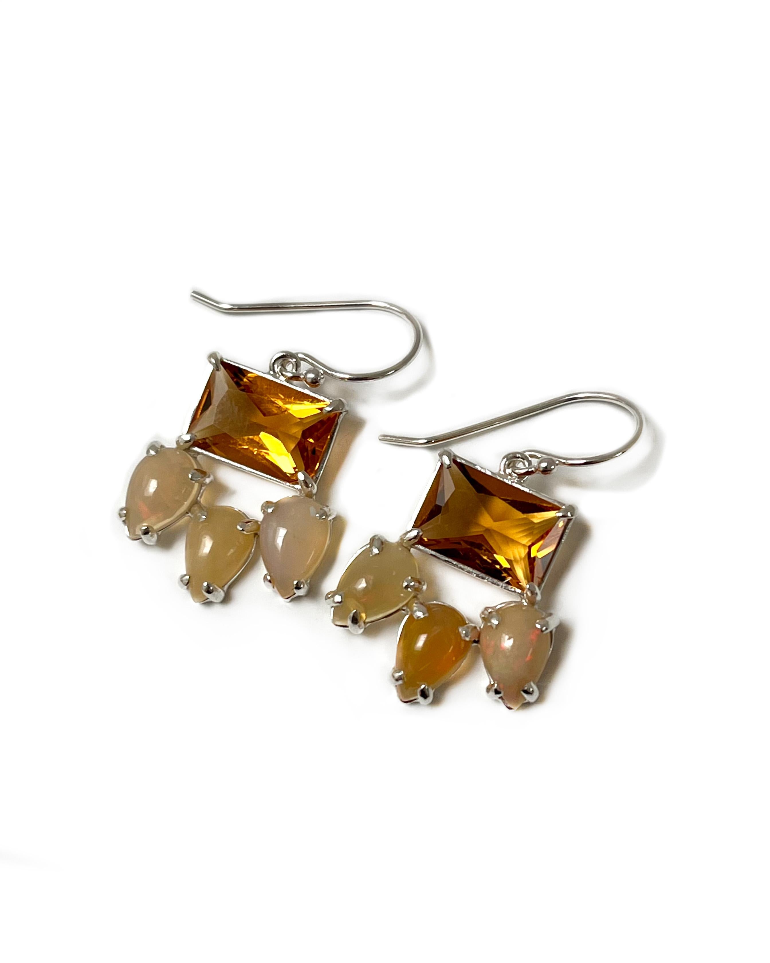 Contemporary Blackthorn Dangle Earrings in Orange Quartz, Opal, Sterling Silver