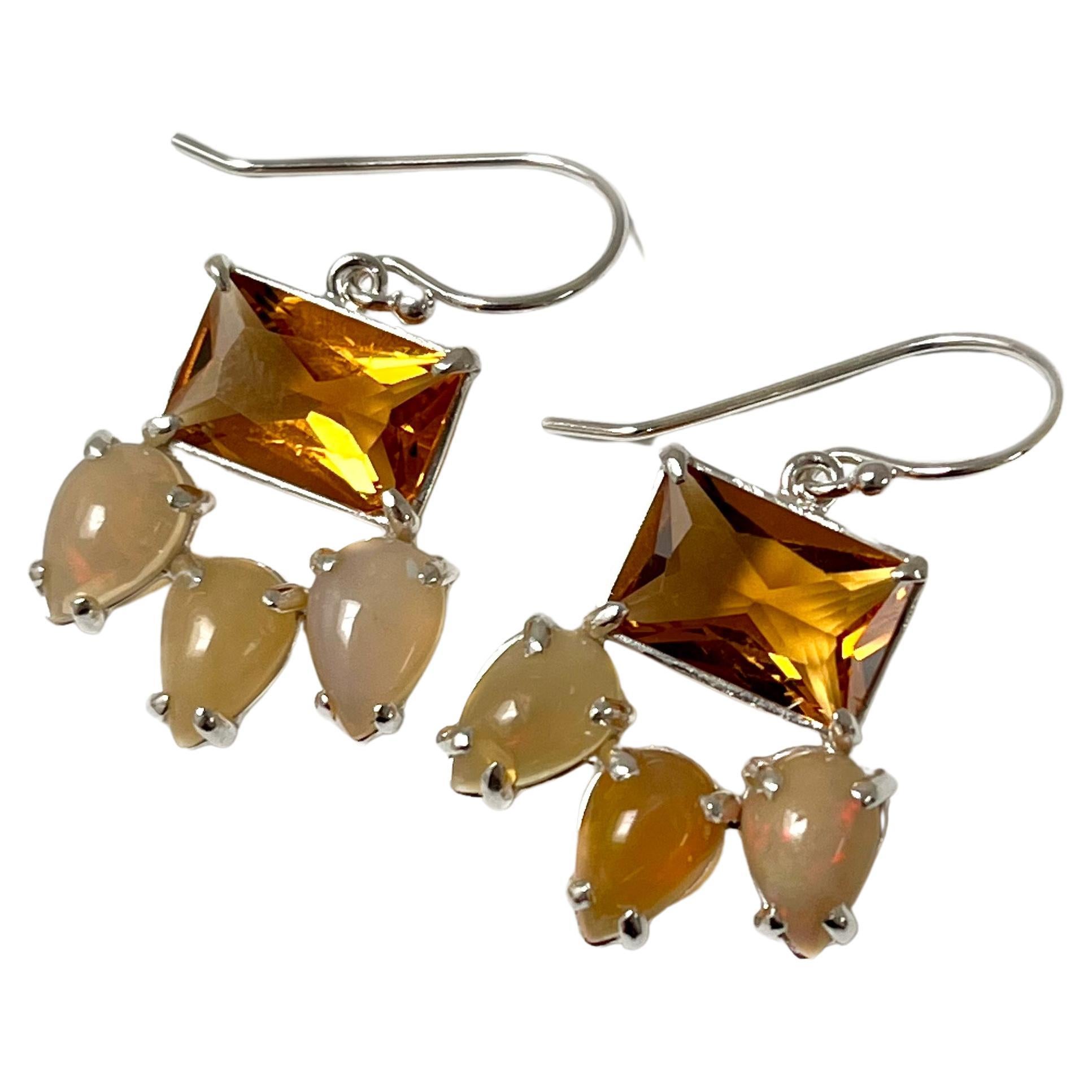 Blackthorn Dangle Earrings in Orange Quartz, Opal, Sterling Silver
