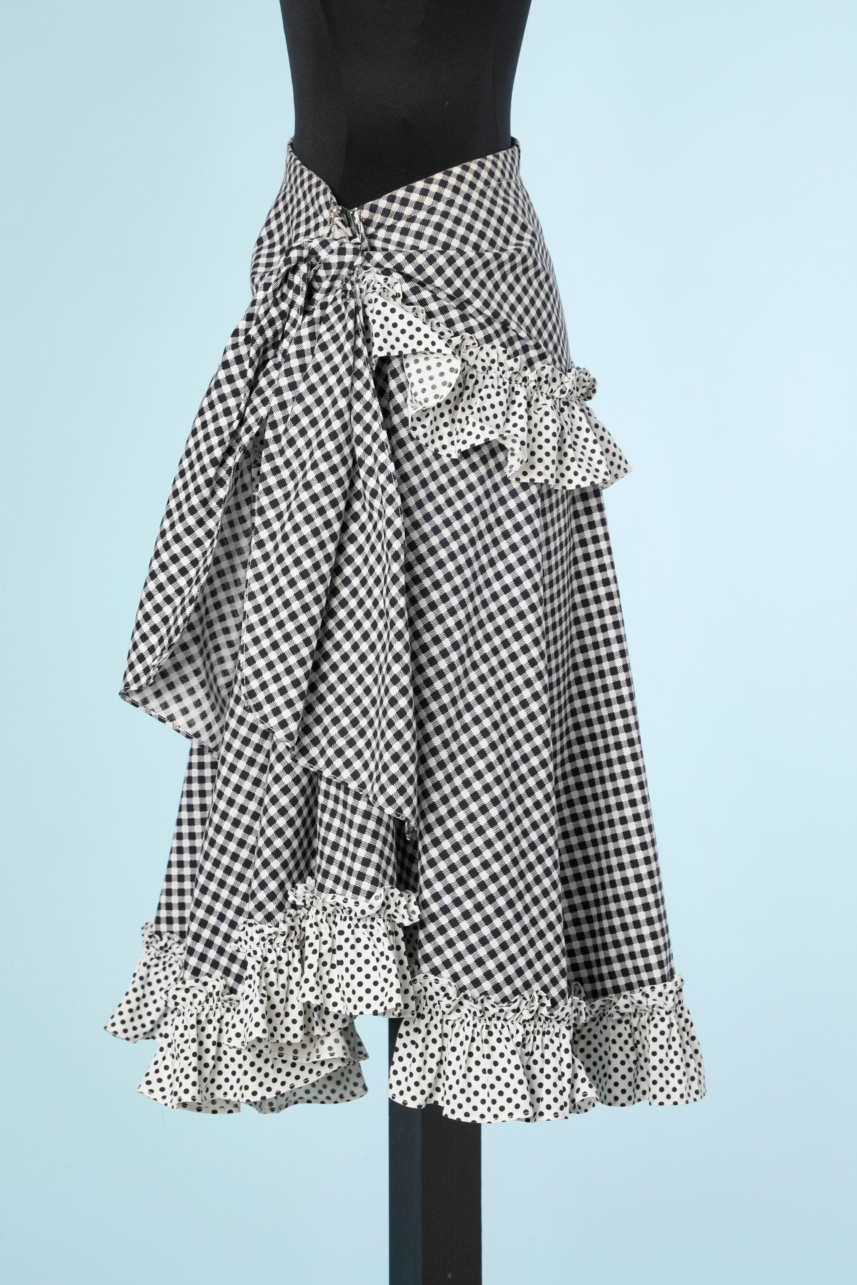 Black&white cotton skirt printed polka-dots and Vichy Saint Laurent Rive Gauche  In Excellent Condition For Sale In Saint-Ouen-Sur-Seine, FR