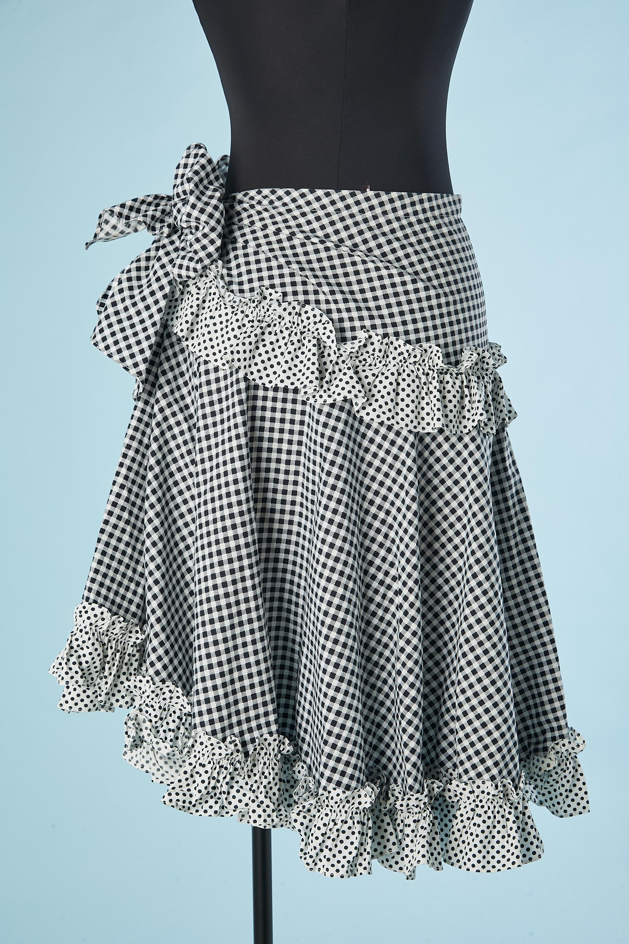 Donna Gonna in cotone bianco e nero stampata a pois e vichy Saint Laurent Rive Gauche in vendita