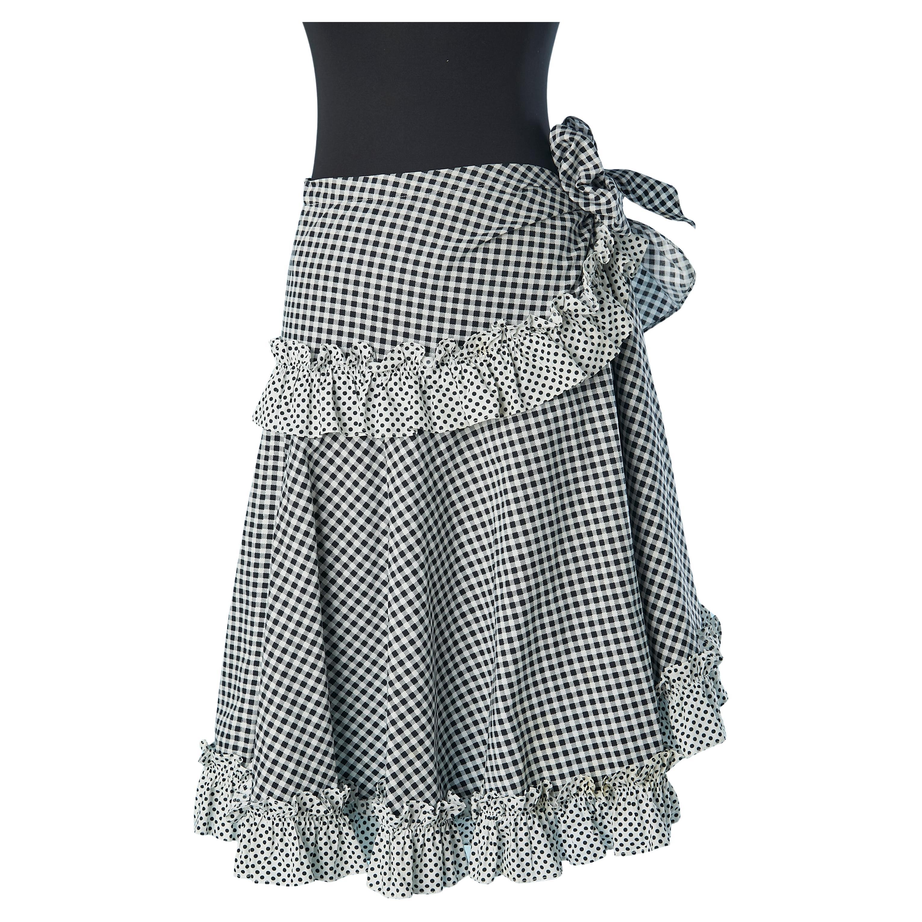 Gonna in cotone bianco e nero stampata a pois e vichy Saint Laurent Rive Gauche in vendita