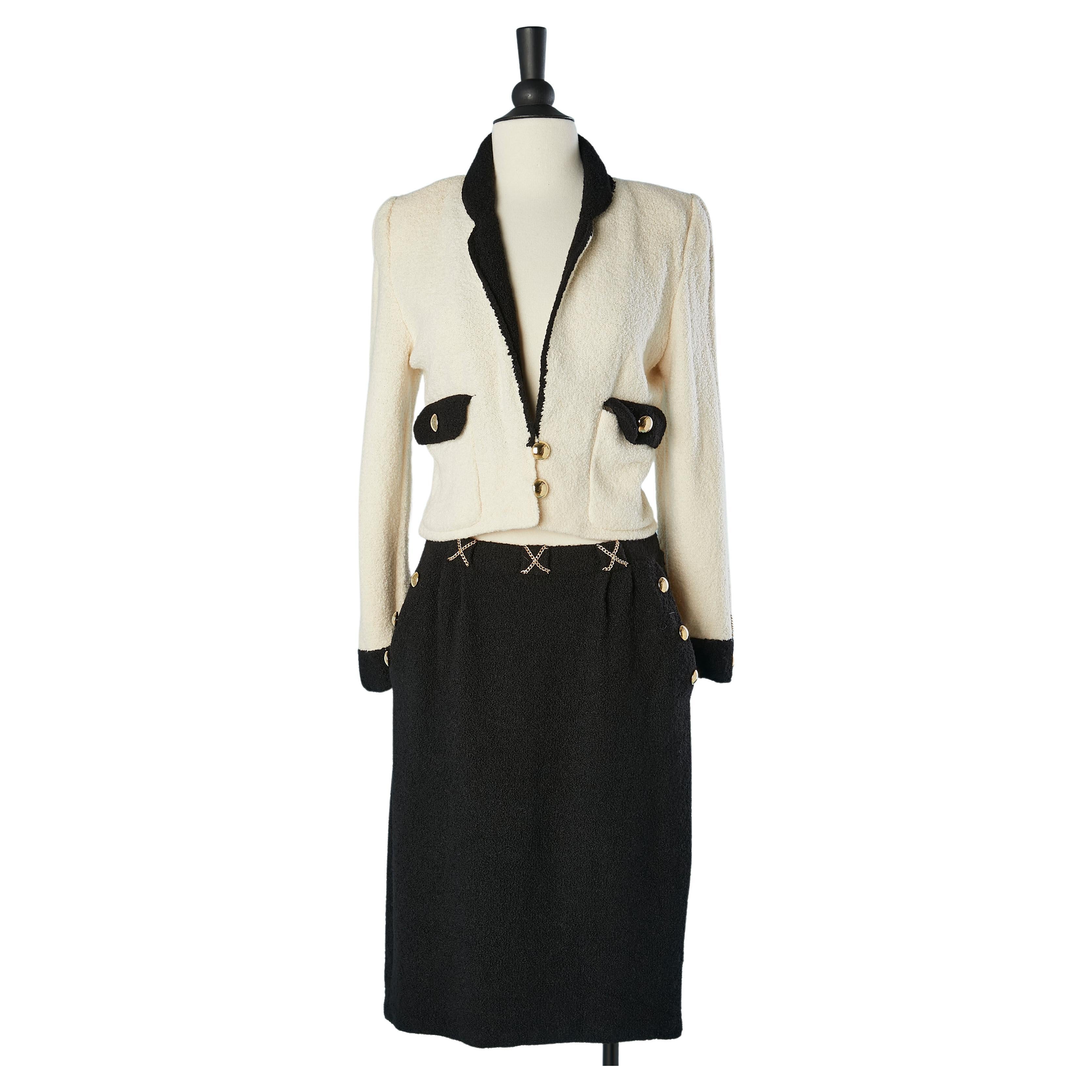 Black&white wool knit skirt-suit with gold metal button Adolfo at Saks Fifth Av For Sale