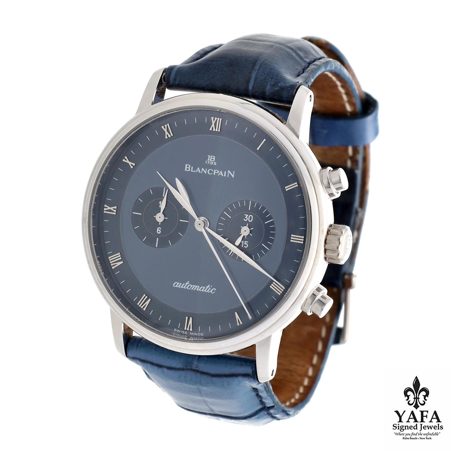 Basic Information﻿
- Brand: Blancpain
- Model: Villeret
- Reference number: 4082-1540-55
- Movement: Automatic
Complications  - Chronograph
- Case Size: 40mm
- Dial: Blue
- Case Material: 18K White Gold
- Bracelet Material: Leather 
- Approximate