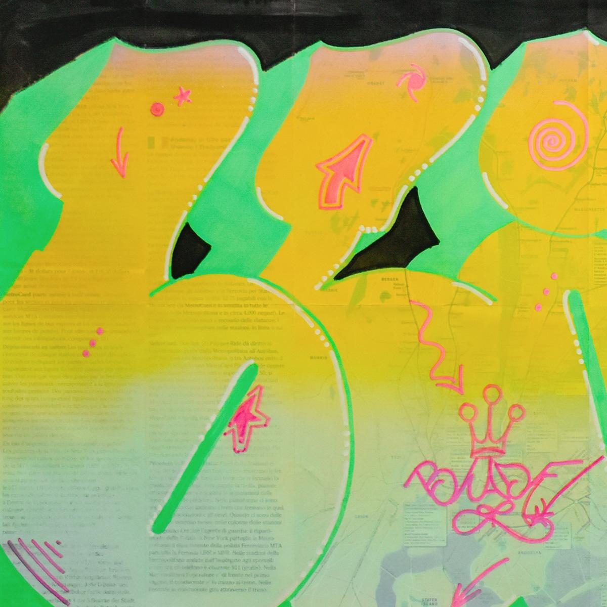 Peinture vibrante de la légende du graffiti Blade, Steven Ogburn, sur la carte du métro NYC MTA.
Ses peintures sur des plans de métro sont intéressantes, car Blade a peint sur plus de 5 000 rames de métro. Elles sont donc nostalgiques et pertinentes