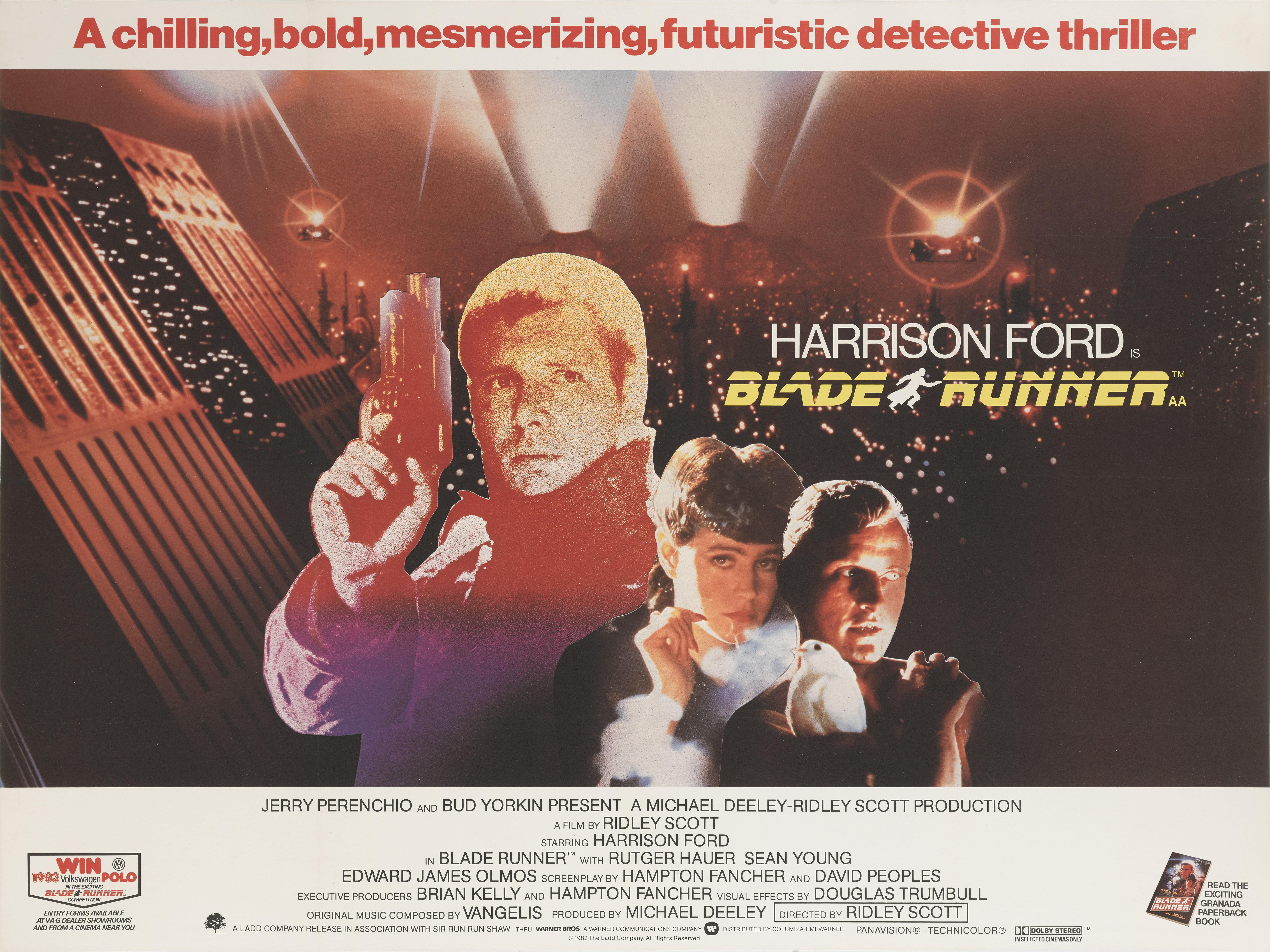 Original British film poster for the cult 1982 science fiction film
starringHarrison Ford, Rutger Hauer and Sean Young. The film was directed by Ridley Scott.
This poster is conservation linen backed and would be shipped rolled in a strong tube and
