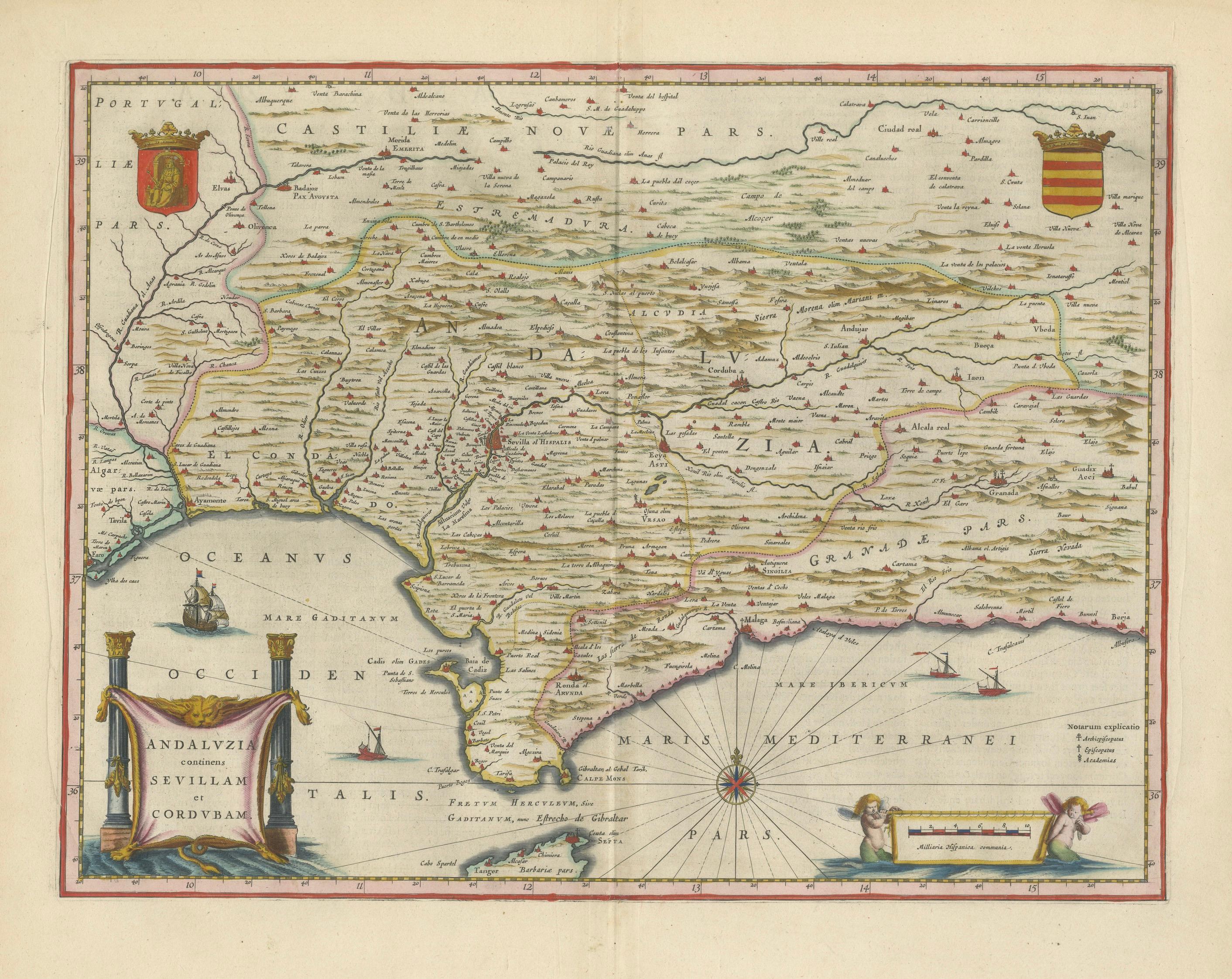 Blaeu Andalusia Map, Seville Cordoba Granada Spain, c.1642