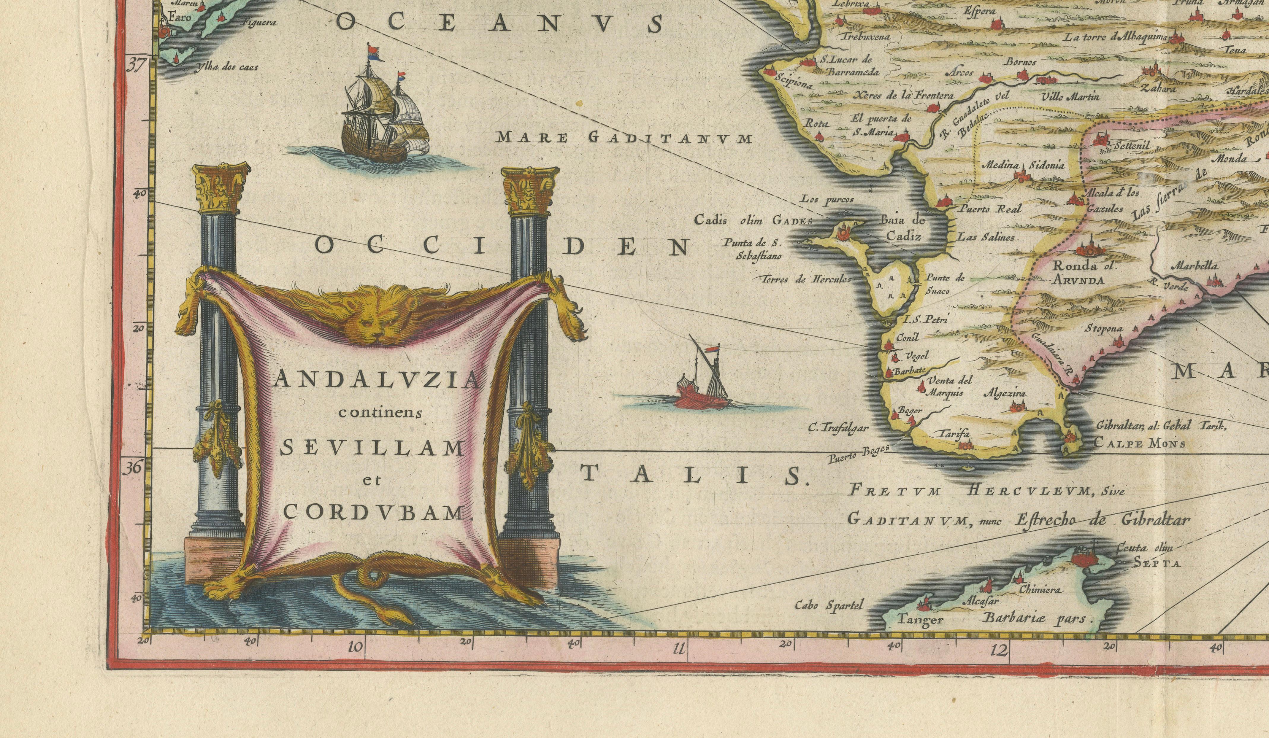 Blaeu Andalusia Map, Seville Cordoba Granada Spain, c.1642