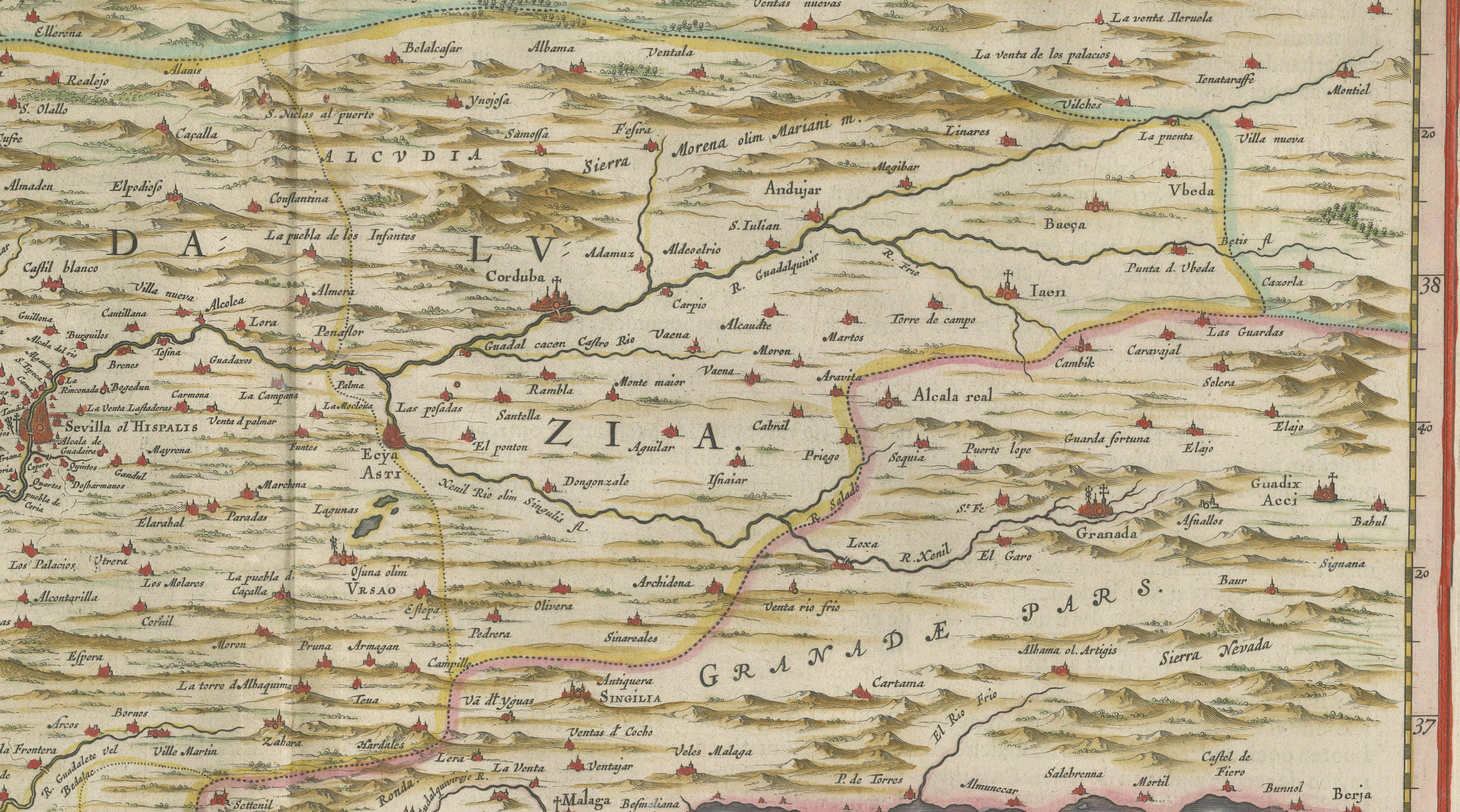 Blaeu Andalusia Map, Seville Cordoba Granada Spain, c.1642