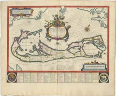 Blaeu Mapa de las Bermudas, Islas Somers, Carta del Atlántico, coloreada a mano, c.1642
