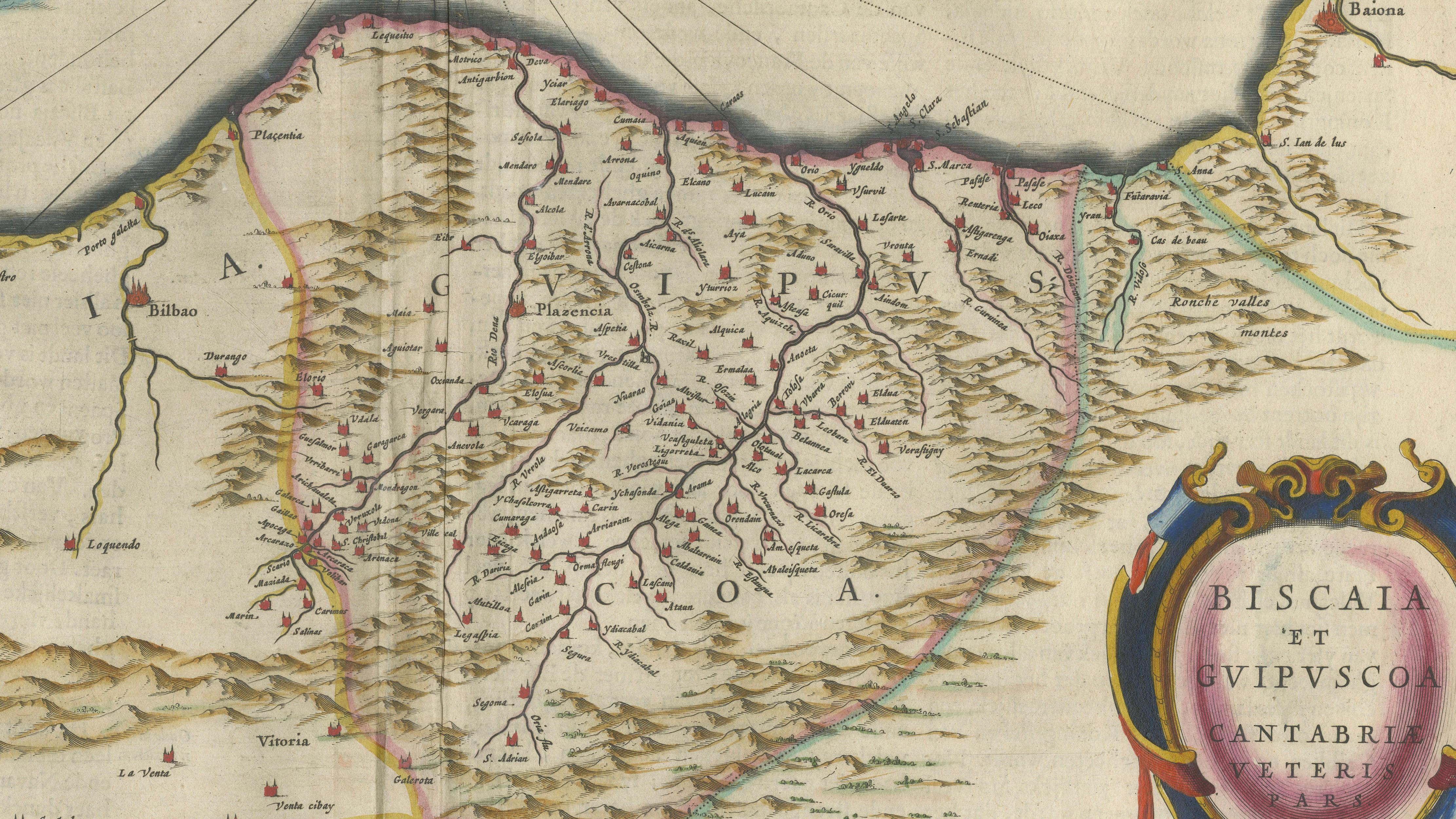 Blaeu Biscay Map, Basque Country Bilbao Cantabria Spain, c.1642