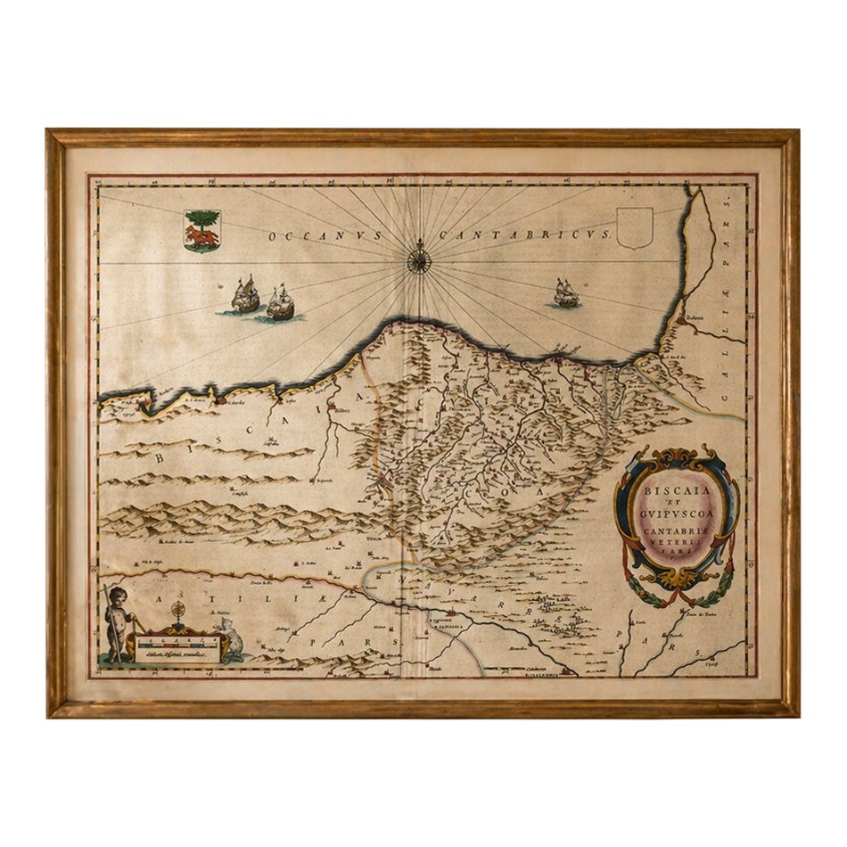 Mappa di Blaeu Biscay, Paesi Baschi Bilbao Cantabria Spagna, 1642 ca.
