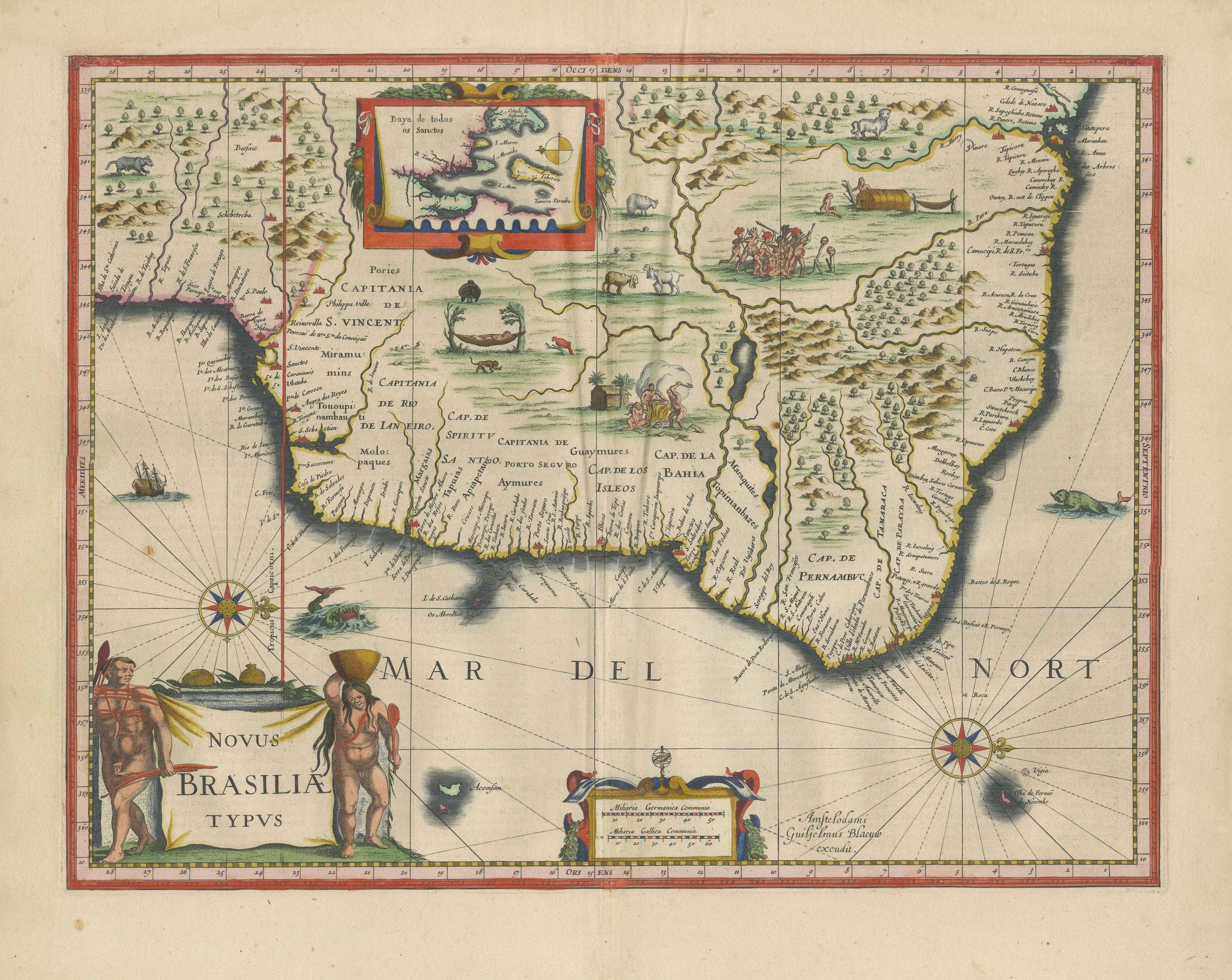 Blaeu Brazil Map, Novus Brasiliae Typus, Antique Hand-Colored Map 1642