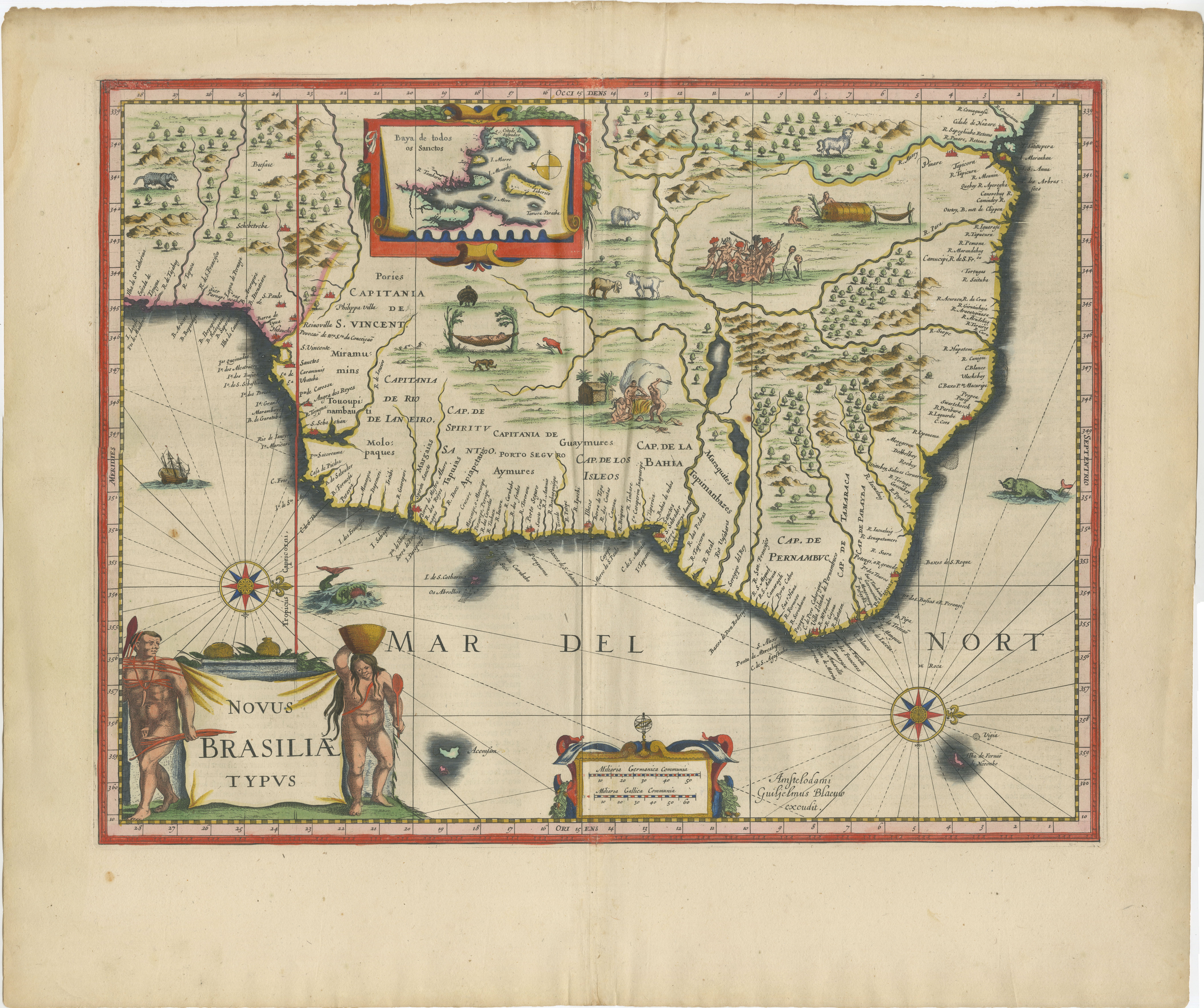 Blaeu Brazil Map, Novus Brasiliae Typus, Antique Hand-Colored Map 1642