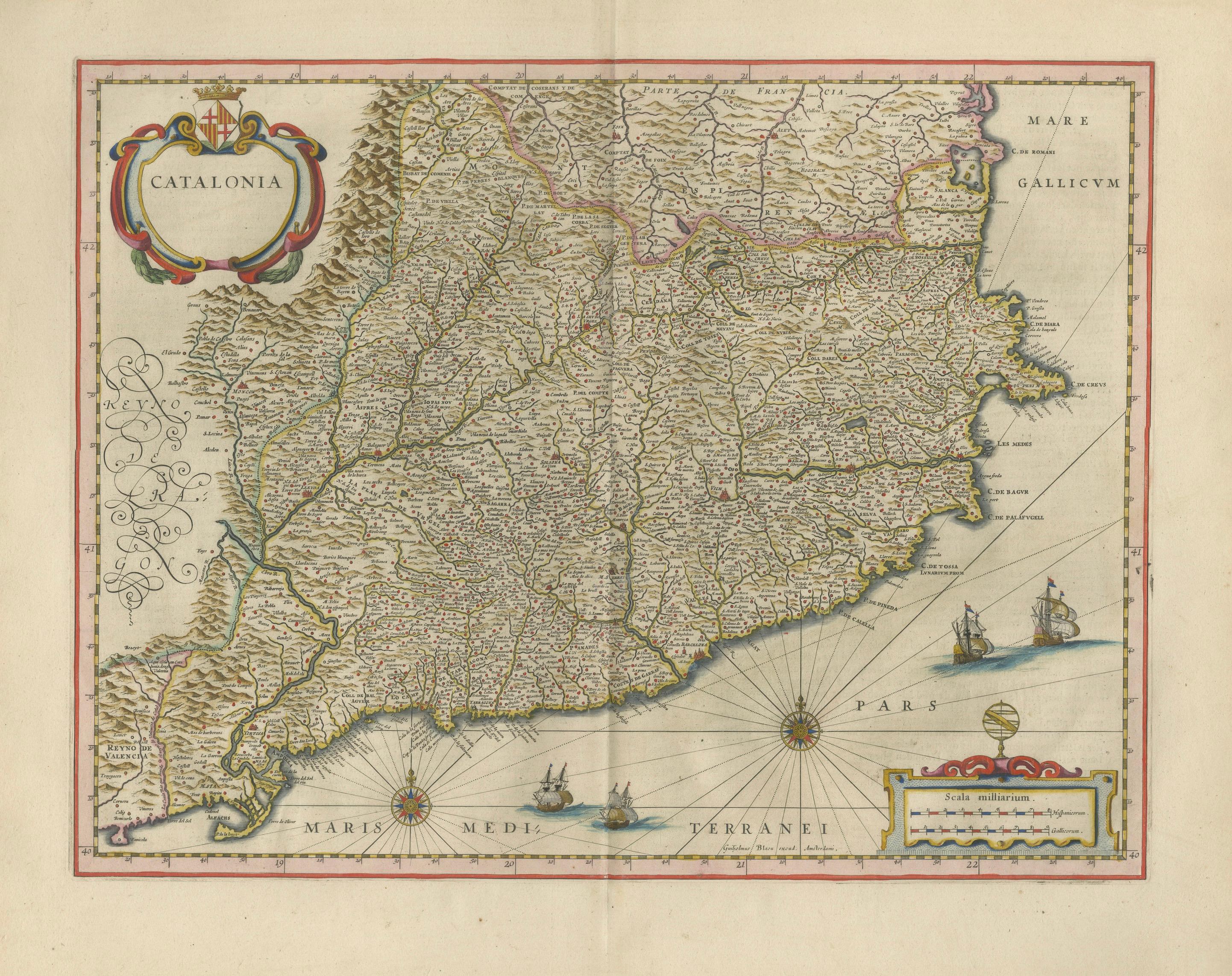 Blaeu Catalonia Map, Barcelona & Mediterranean Coast Spain, c.1642