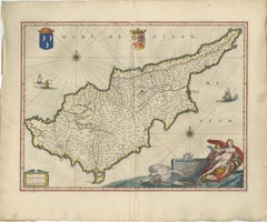 Blaeu Cyprus Map, Insula Cypri, Mythological Cartouche, c.1642