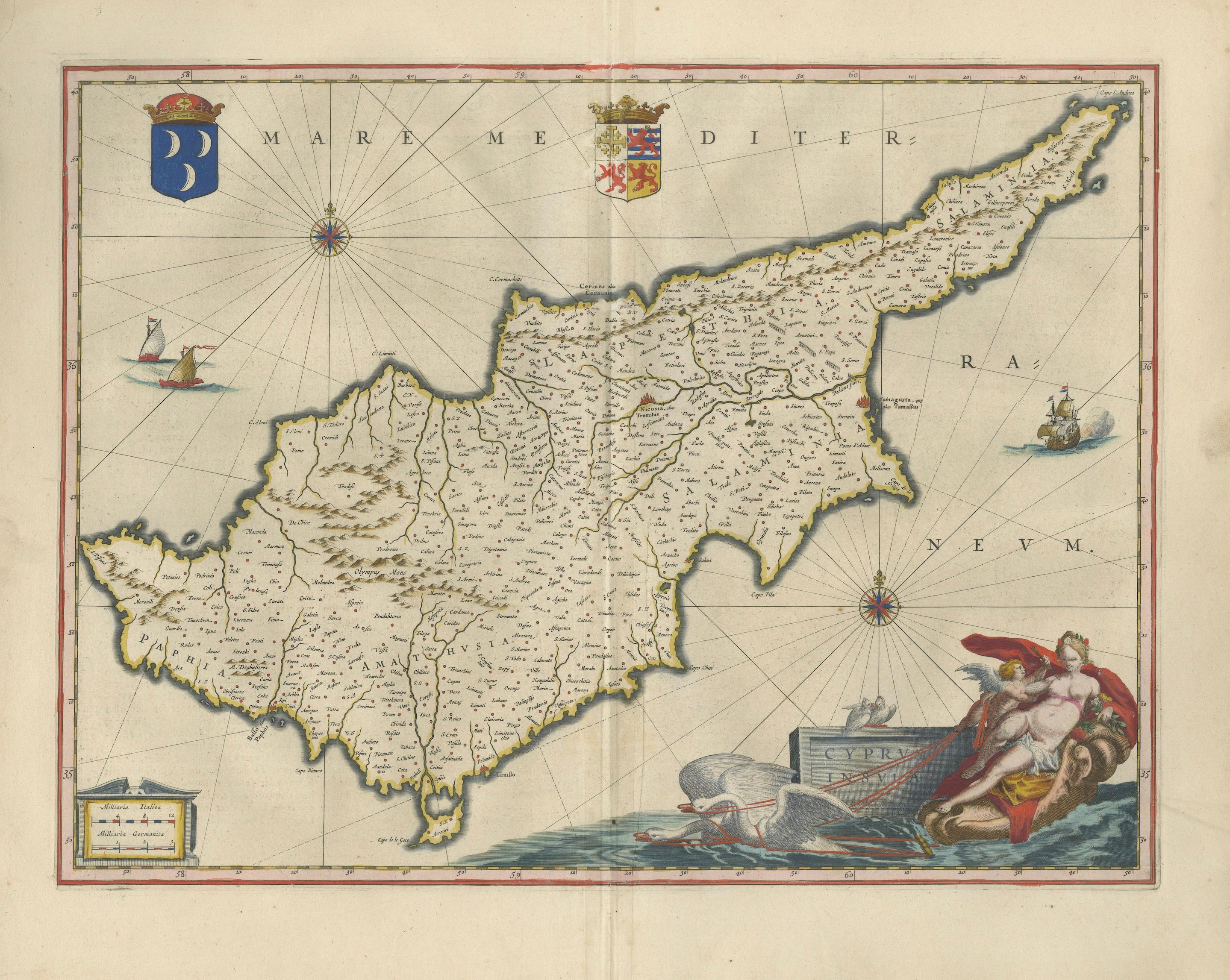 Blaeu Cyprus Map, Insula Cypri, Mythological Cartouche, c.1642