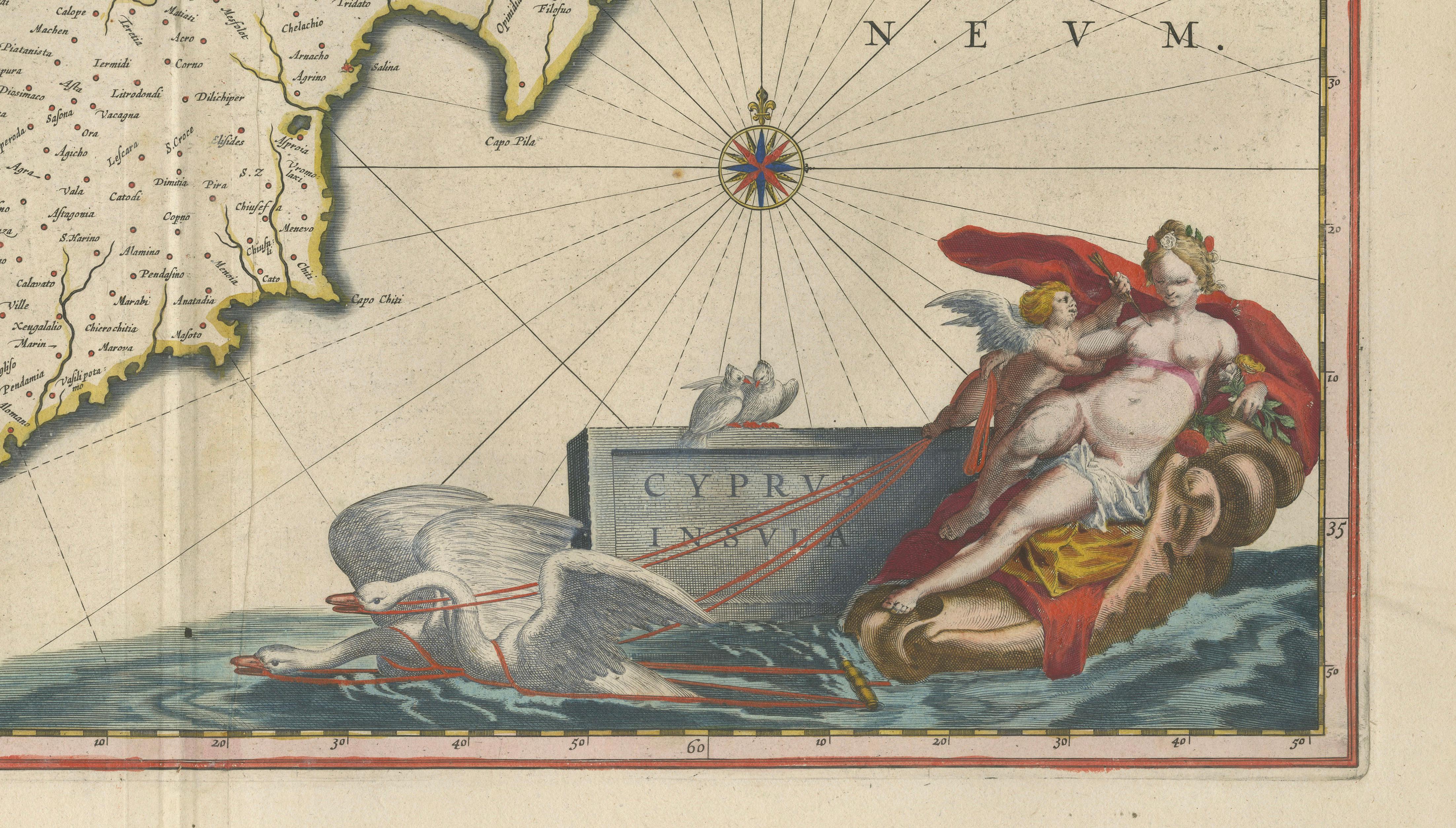 Blaeu Cyprus Map, Insula Cypri, Mythological Cartouche, c.1642
