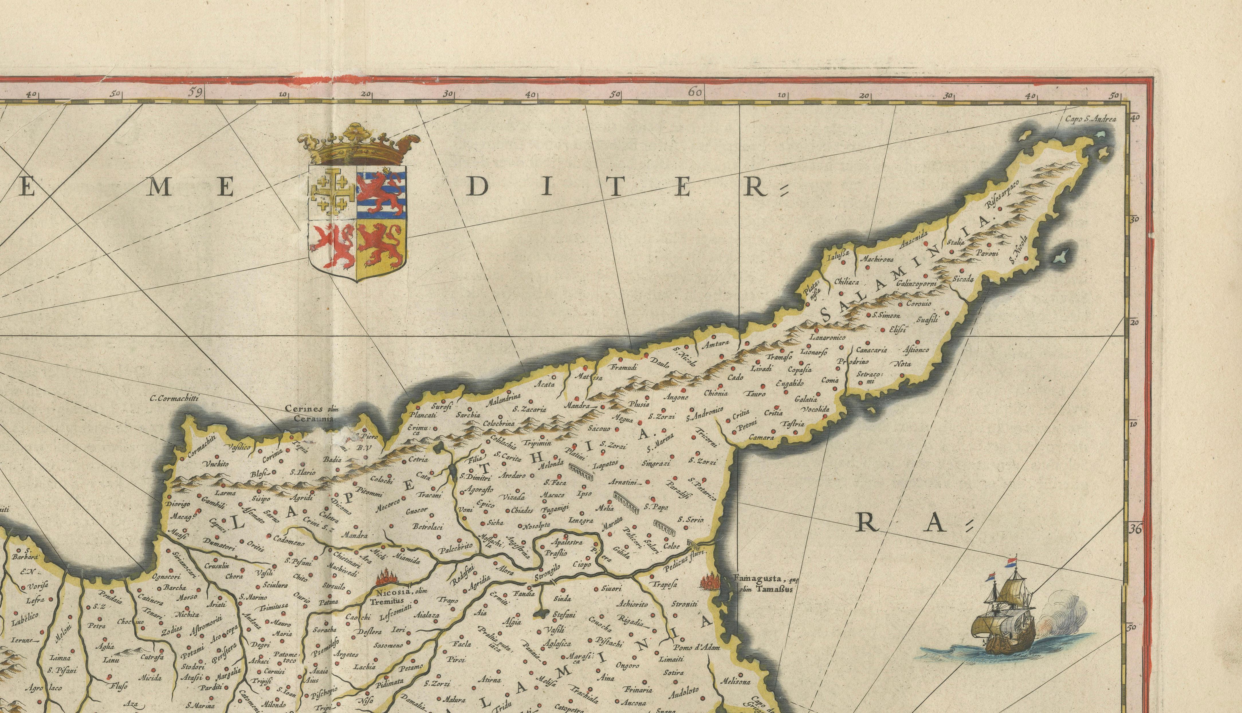 Blaeu Cyprus Map, Insula Cypri, Mythological Cartouche, c.1642
