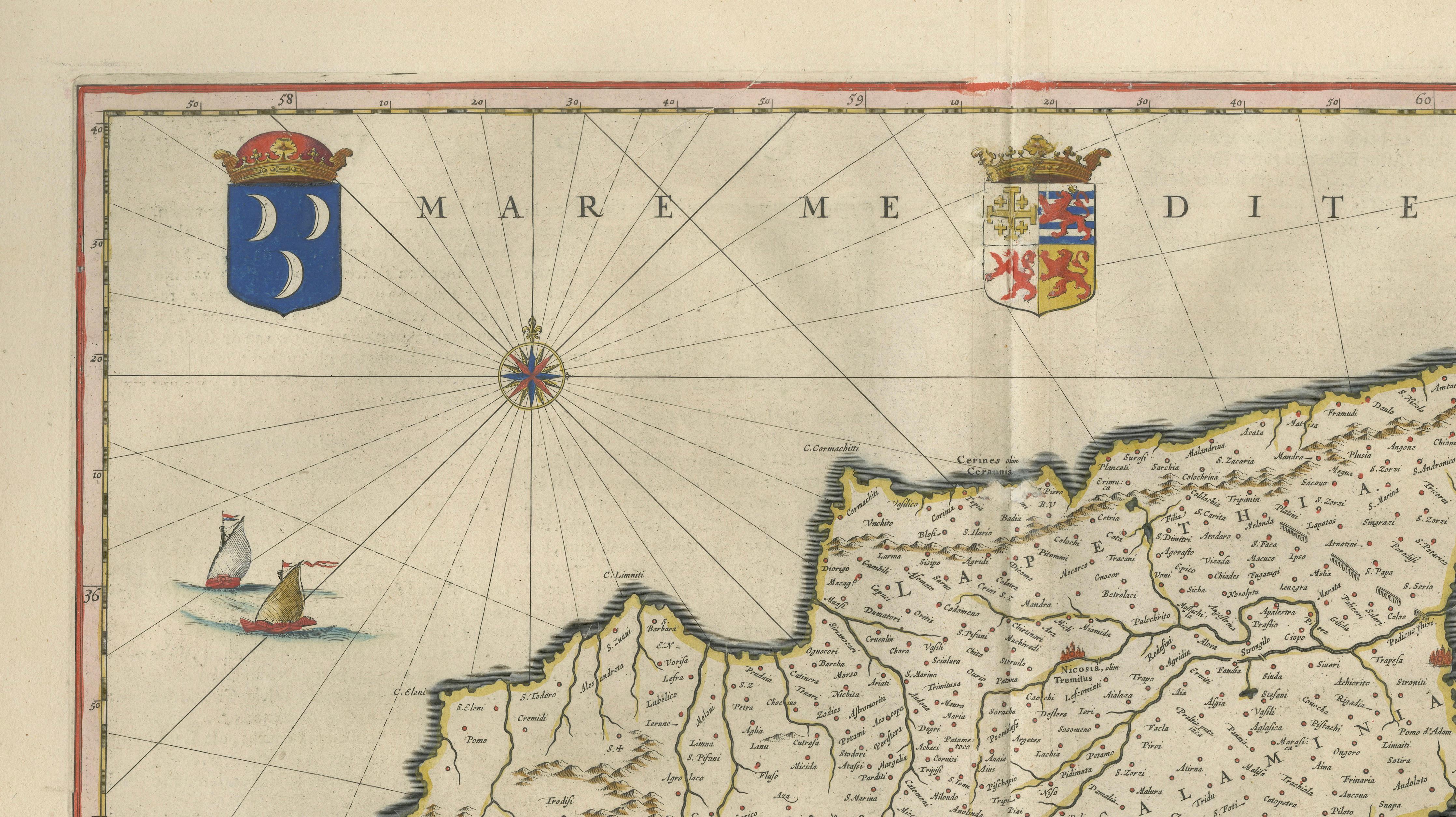Blaeu Cyprus Map, Insula Cypri, Mythological Cartouche, c.1642