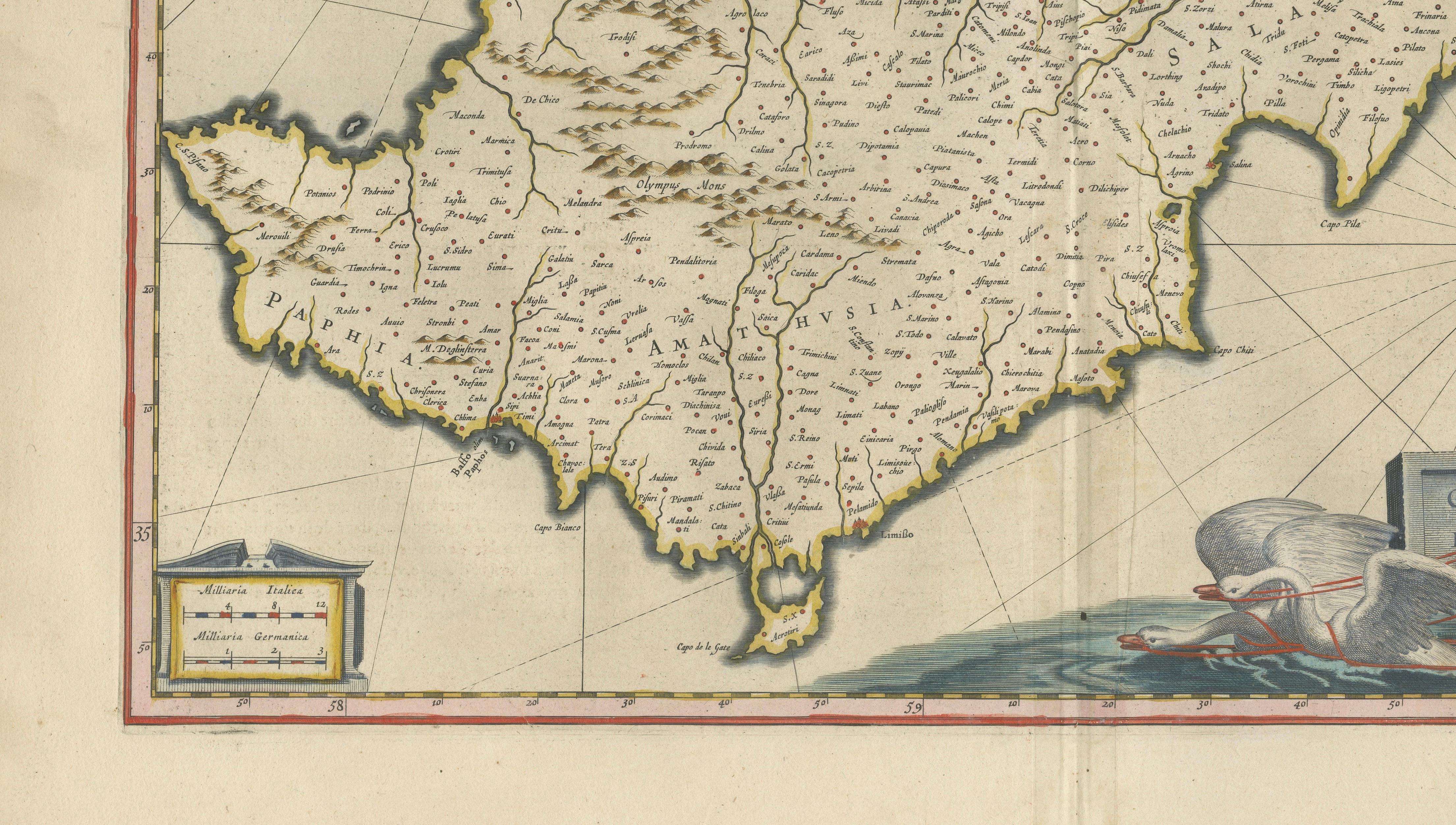 Blaeu Cyprus Map, Insula Cypri, Mythological Cartouche, c.1642