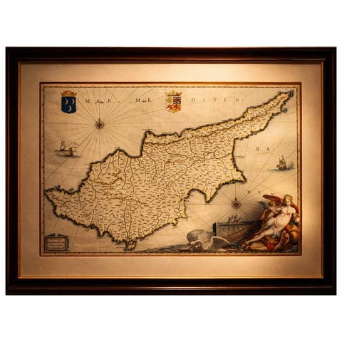 Blaeu Cyprus Map, Insula Cypri, Mythological Cartouche, c.1642